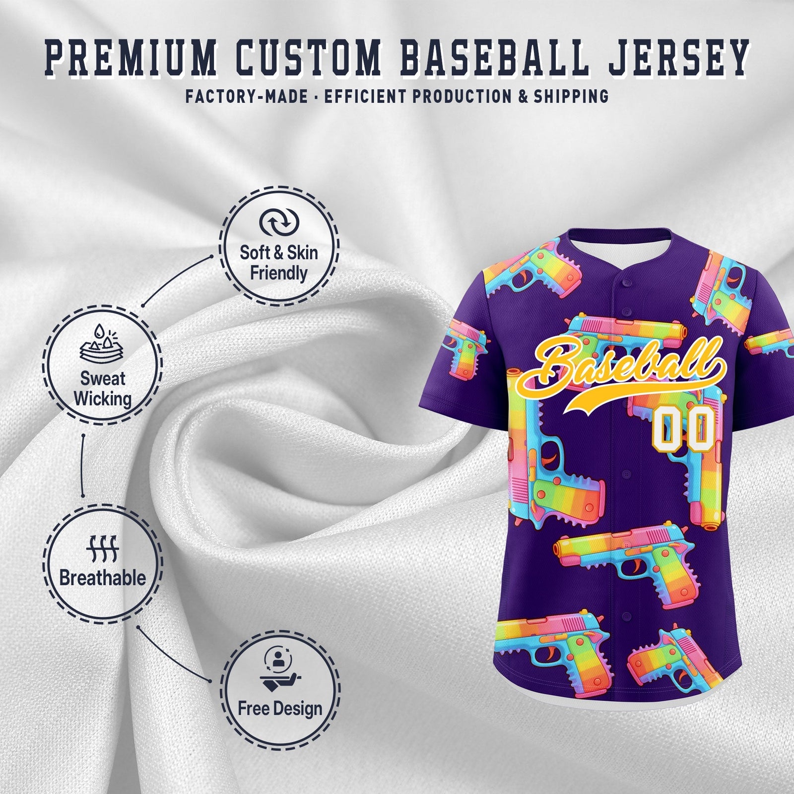 Custom Youth Baseball Jersey Purple Yellow Sugar-Coated Firepower Graffiti Pattern Street Style