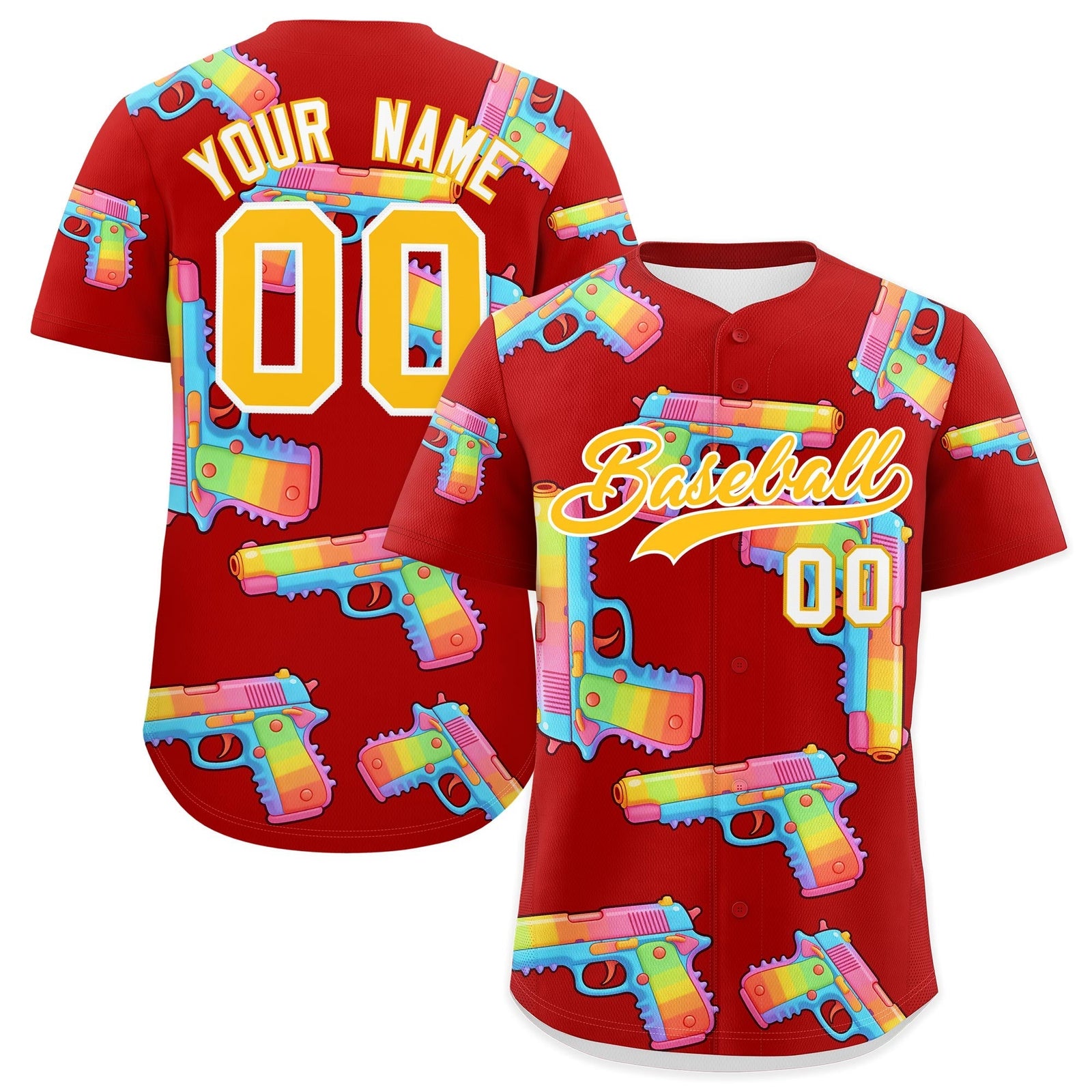 Custom Youth Baseball Jersey Red Yellow Sugar-Coated Firepower Graffiti Pattern Urban Fashion