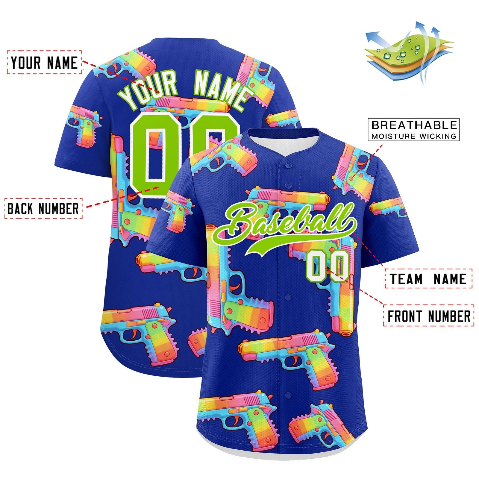 Custom Youth Baseball Jersey Royal Blue Neon Green Sugar-Coated Firepower Graffiti Pattern Hip-hop