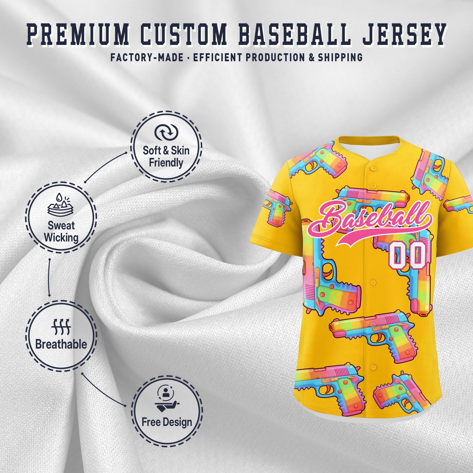 Custom Youth Baseball Jersey Yellow Pink Sugar-Coated Firepower Graffiti Pattern Hip-hop
