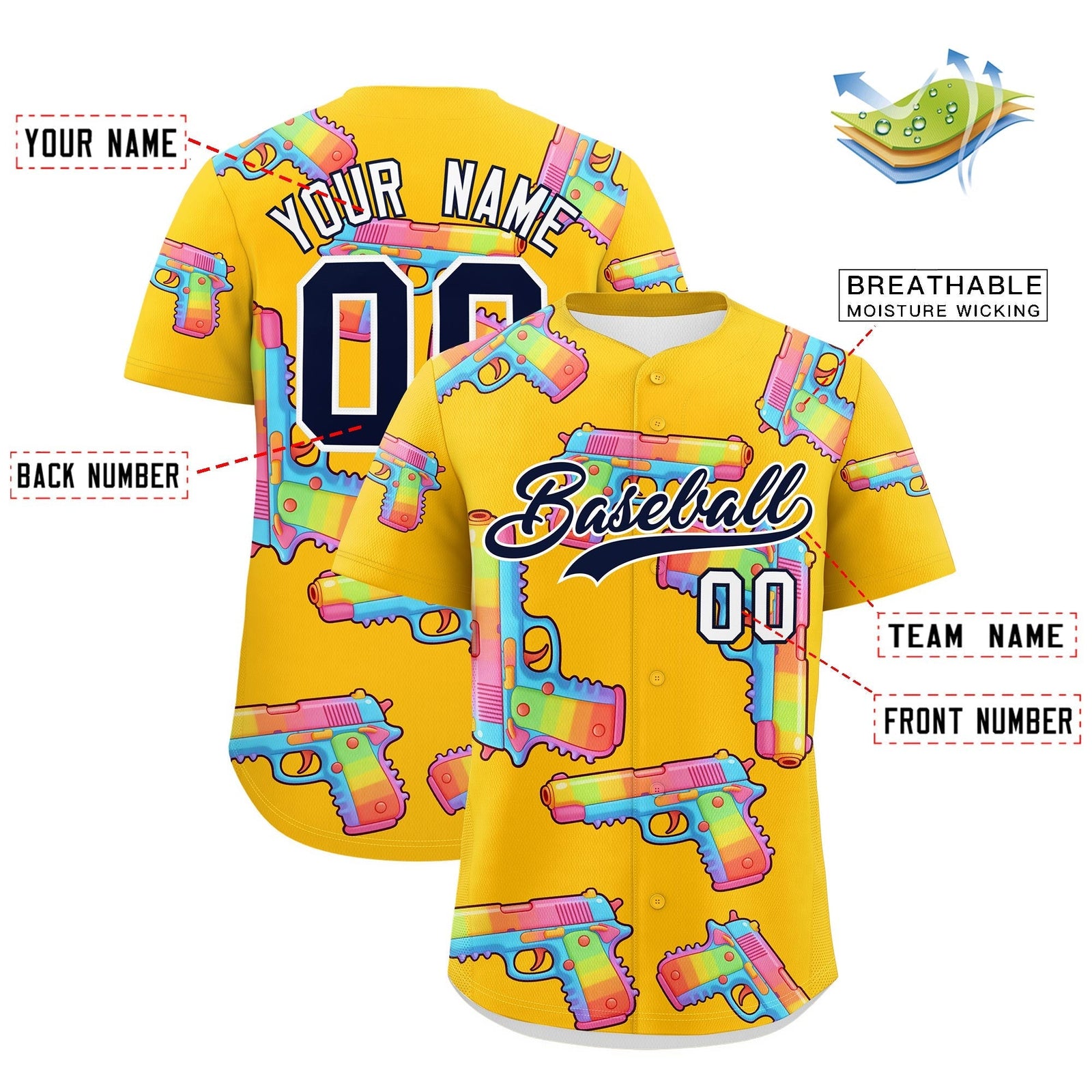 Custom Youth Baseball Jersey Yellow Navy Sugar-Coated Firepower Graffiti Pattern Street Style