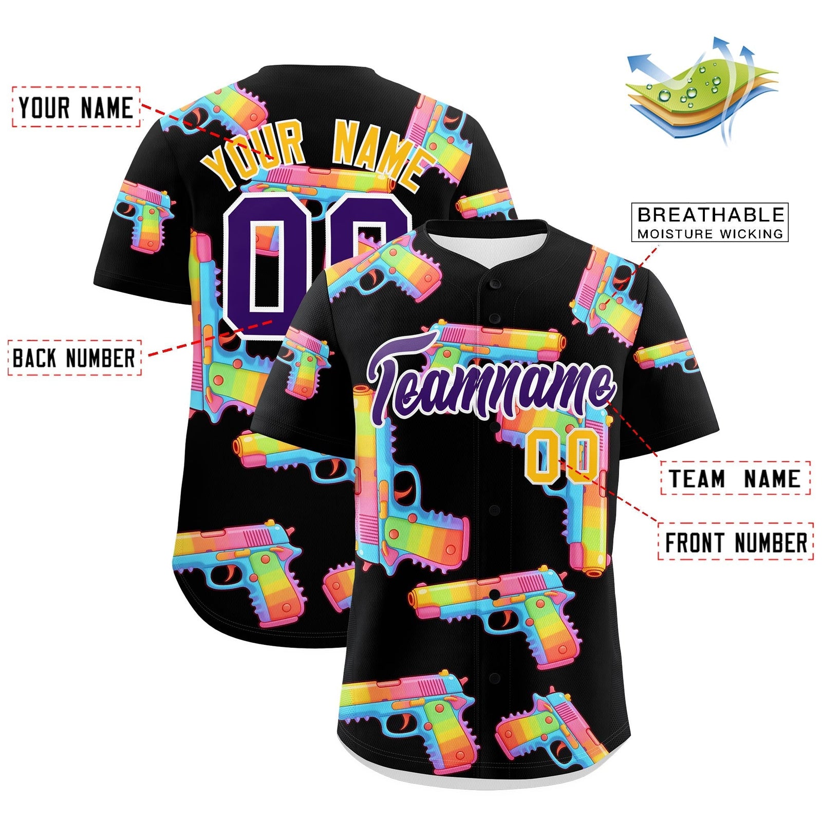 Custom Youth Baseball Jersey Black Purple Sugar-Coated Firepower Graffiti Pattern Urban Fashion