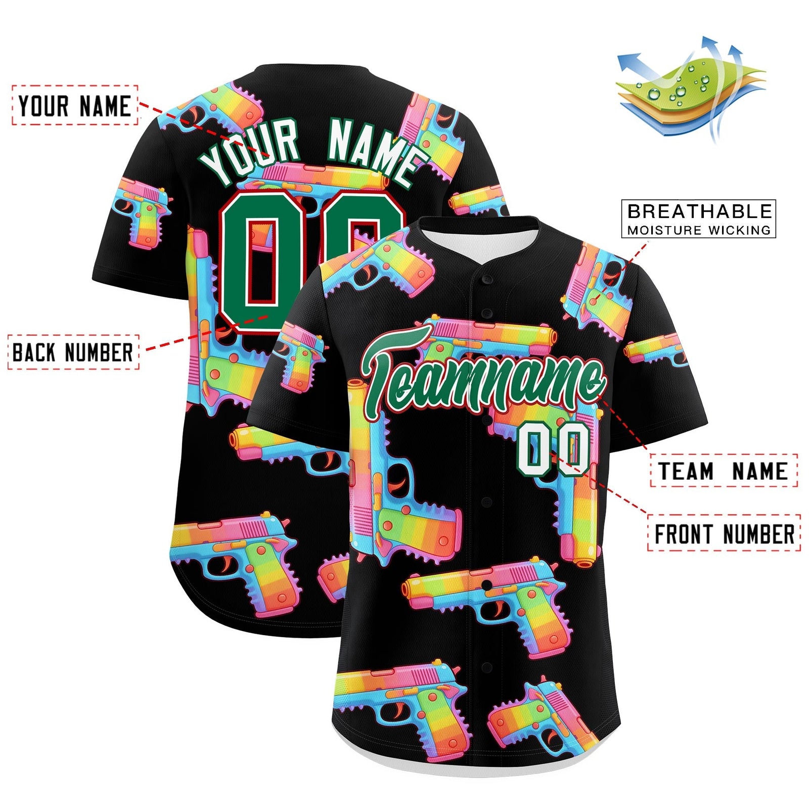 Custom Youth Baseball Jersey Black Kelly Green Sugar-Coated Firepower Graffiti Pattern Urban Fashion