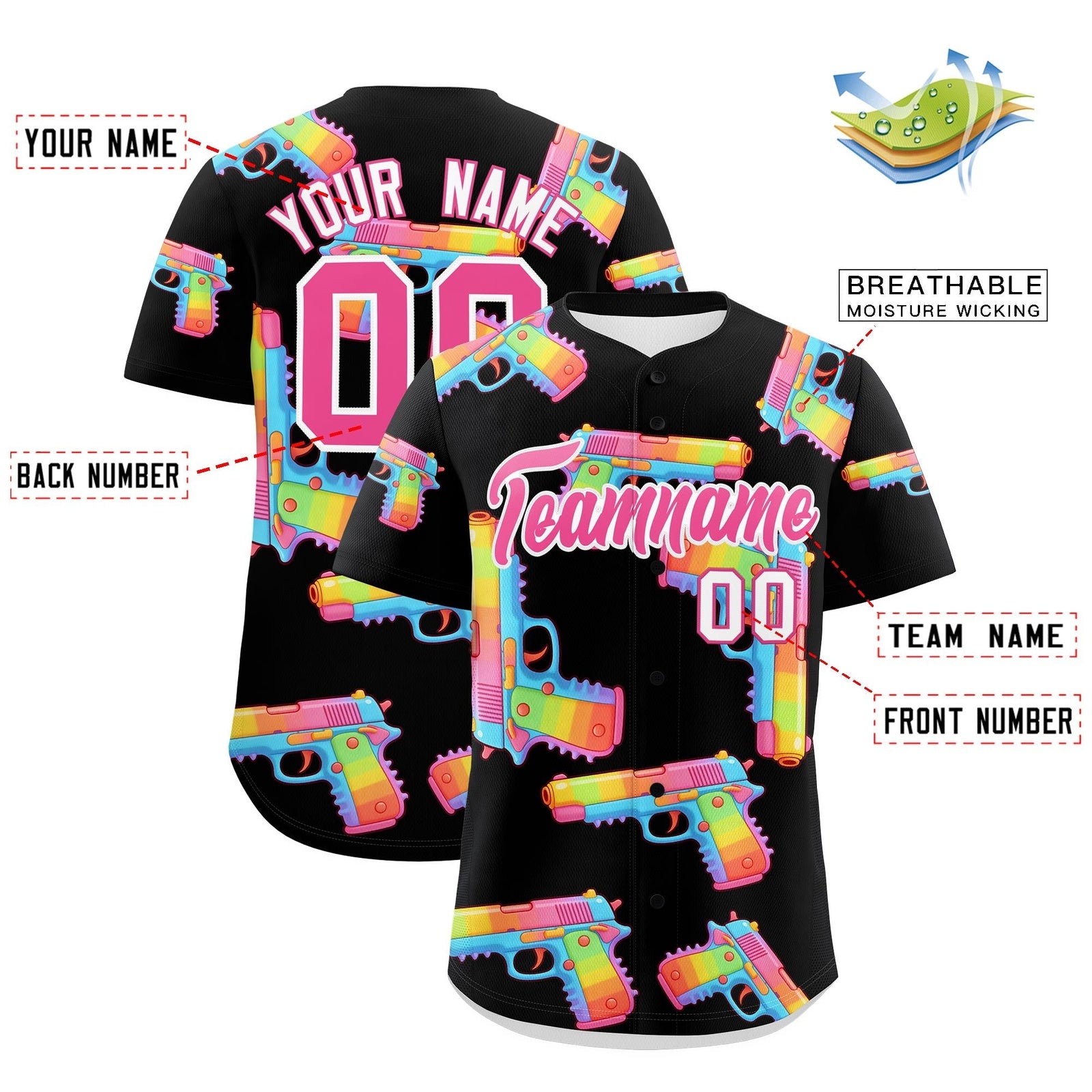 Custom Youth Baseball Jersey Black Pink Sugar-Coated Firepower Graffiti Pattern Hip-hop