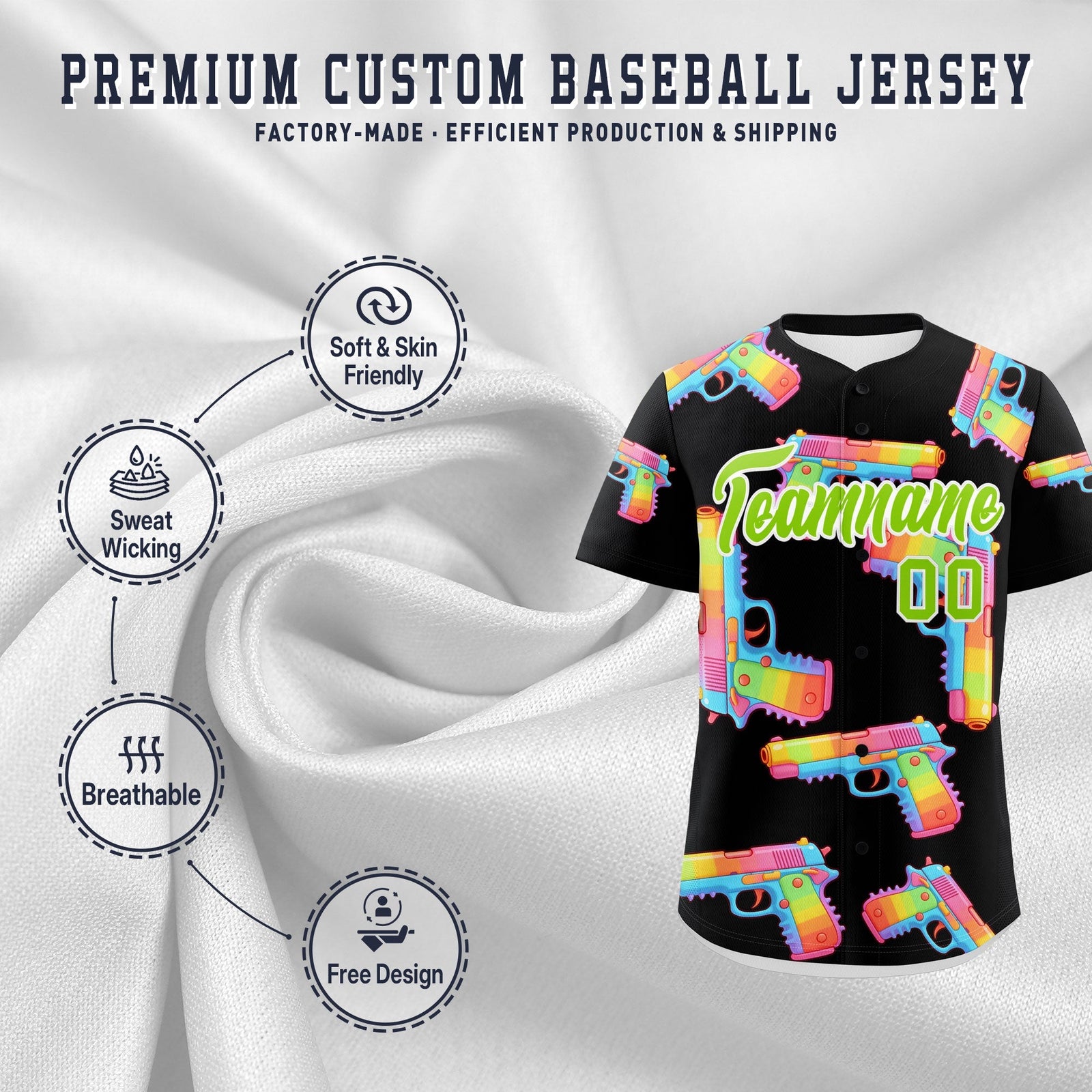 Custom Youth Baseball Jersey Black Neon Green Sugar-Coated Firepower Graffiti Pattern Hip-hop