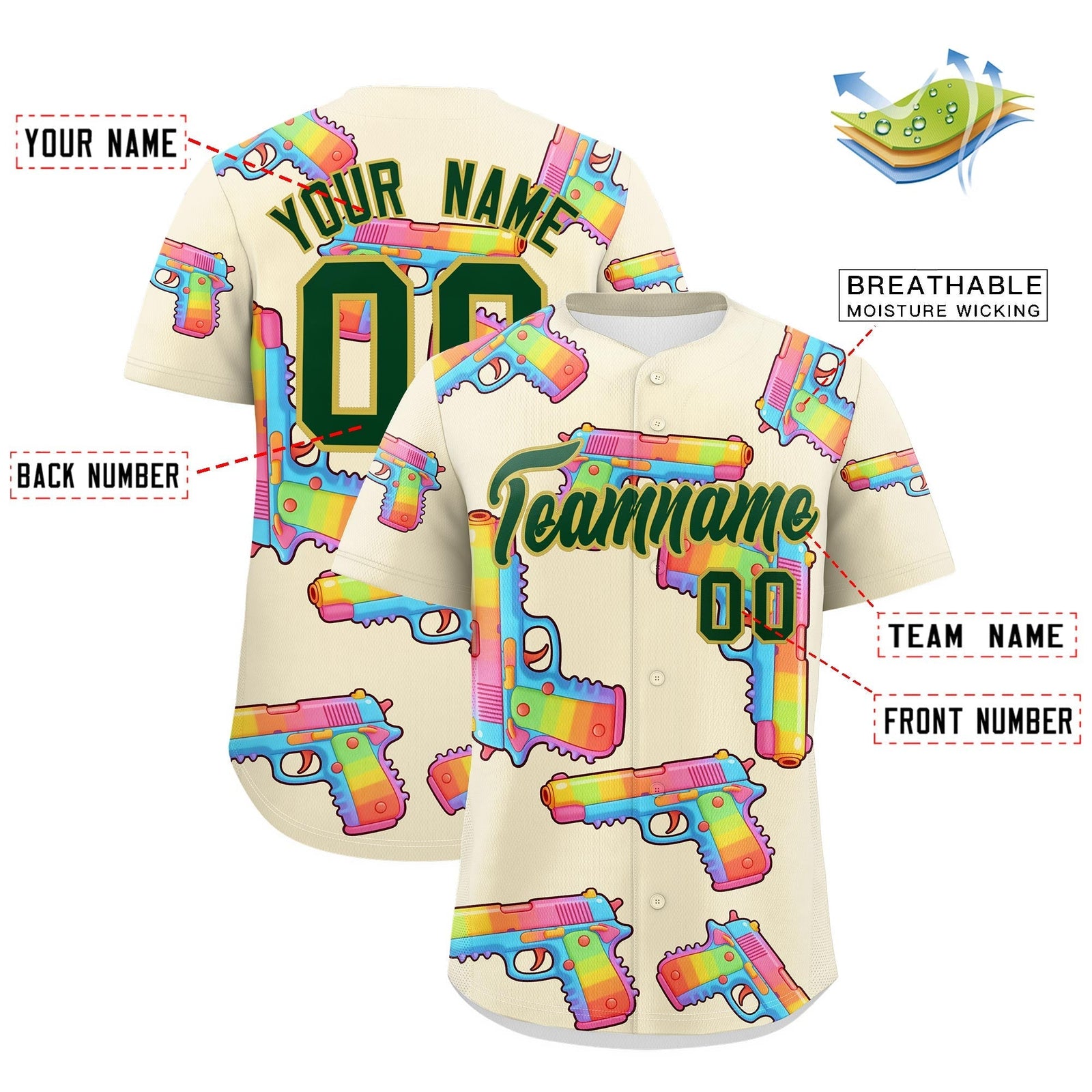 Custom Youth Baseball Jersey Cream Dark Green Sugar-Coated Firepower Graffiti Pattern Urban Fashion