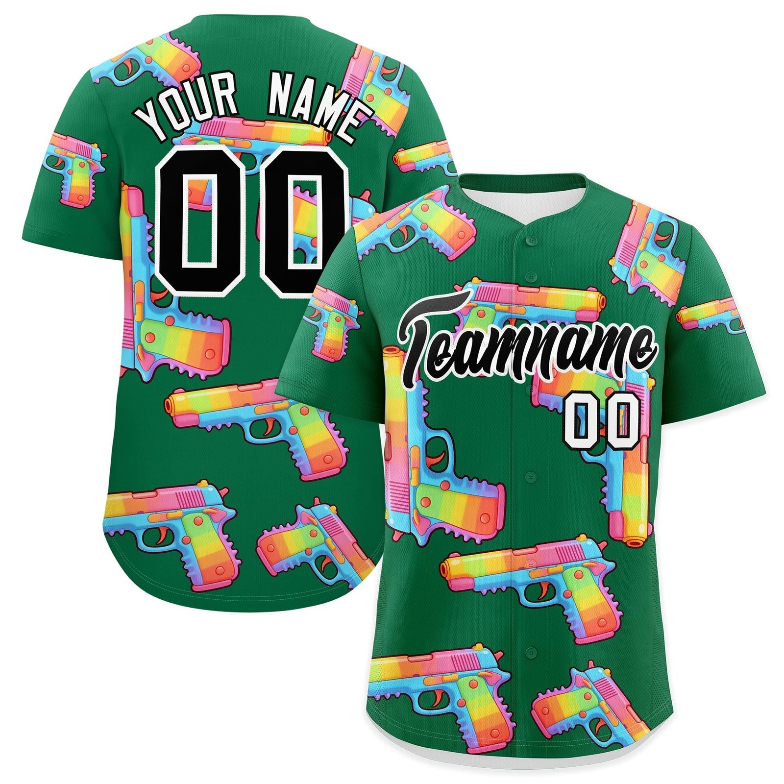 Custom Youth Baseball Jersey Kelly Green Black Sugar-Coated Firepower Graffiti Pattern Urban Fashion