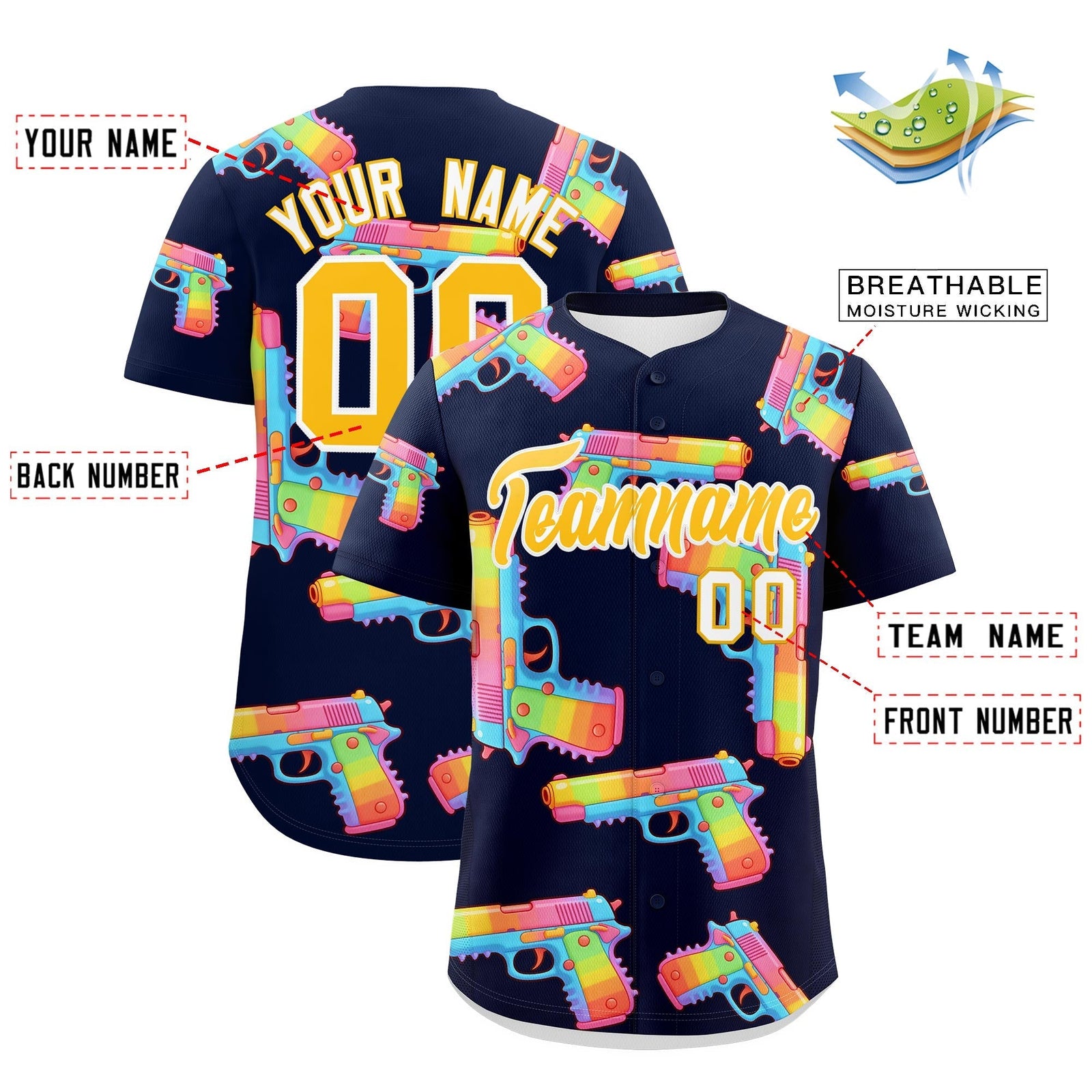 Custom Youth Baseball Jersey Navy Yellow Sugar-Coated Firepower Graffiti Pattern Hip-hop