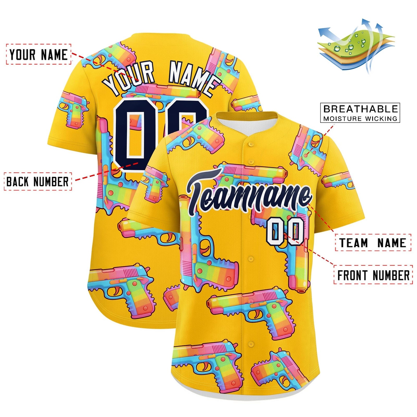 Custom Youth Baseball Jersey Yellow Navy Sugar-Coated Firepower Graffiti Pattern Street Style