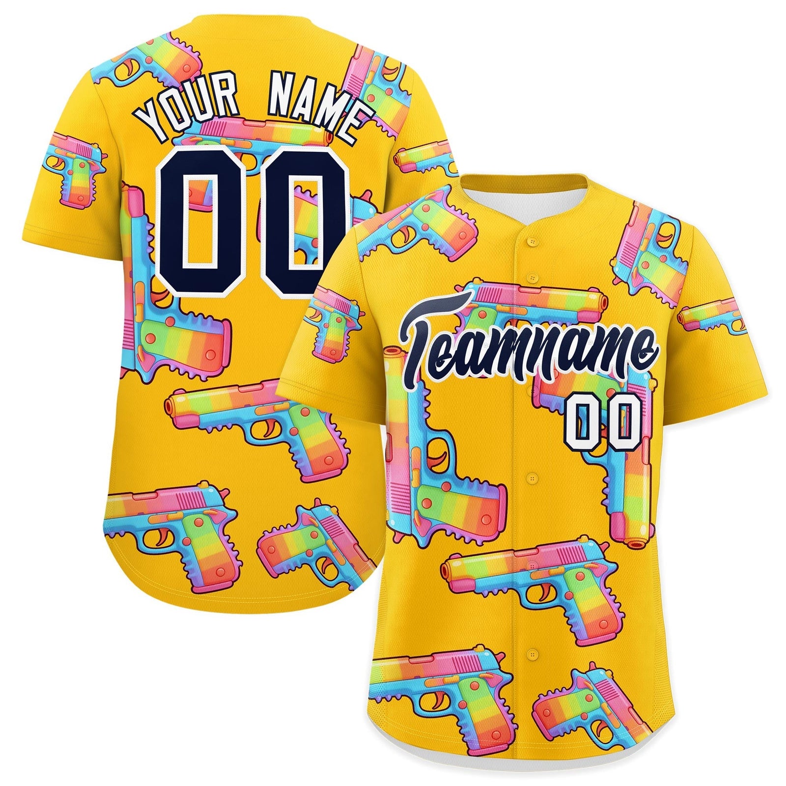 Custom Youth Baseball Jersey Yellow Navy Sugar-Coated Firepower Graffiti Pattern Street Style