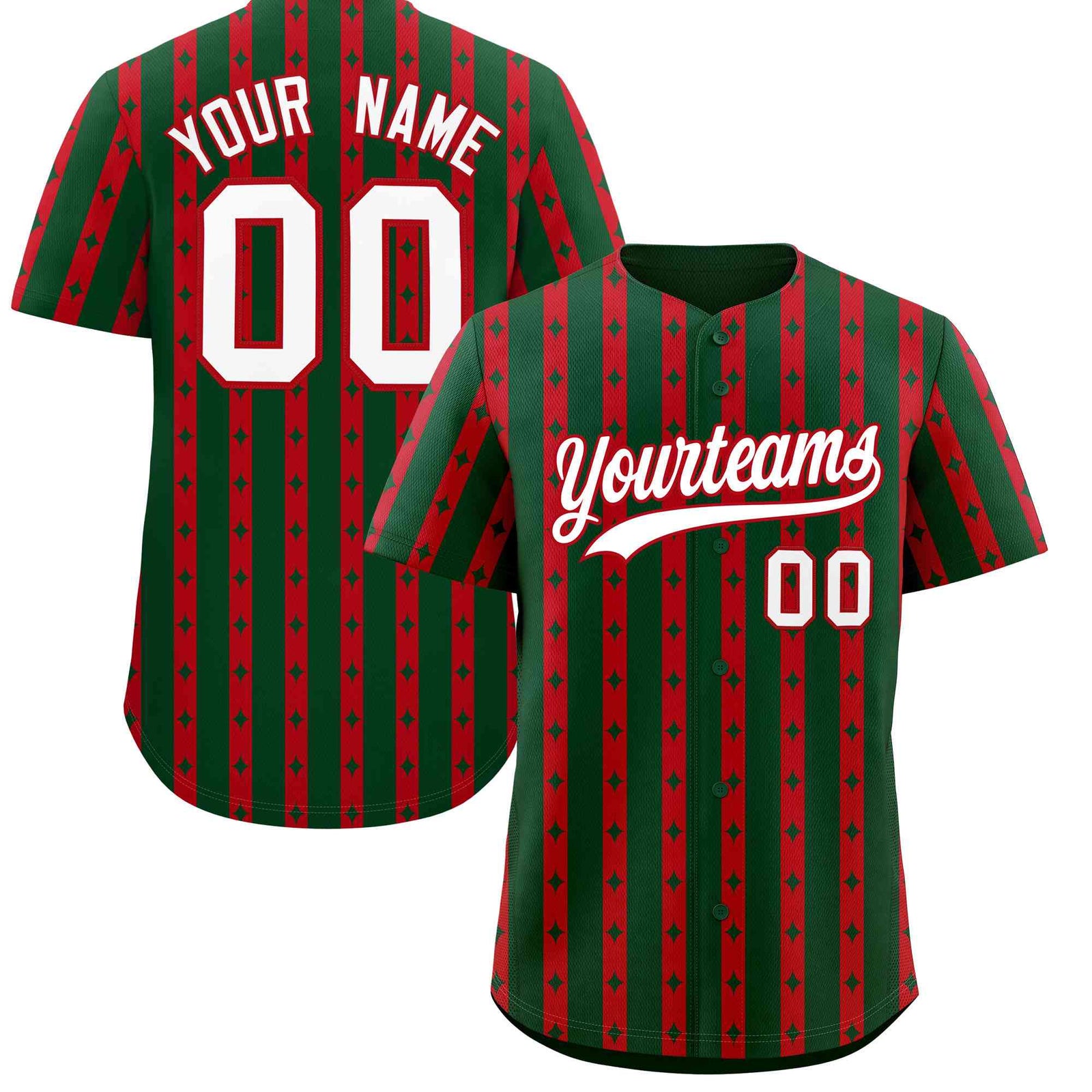 Custom Green Red Star Pattern Thick Stripes Baseball Jersey