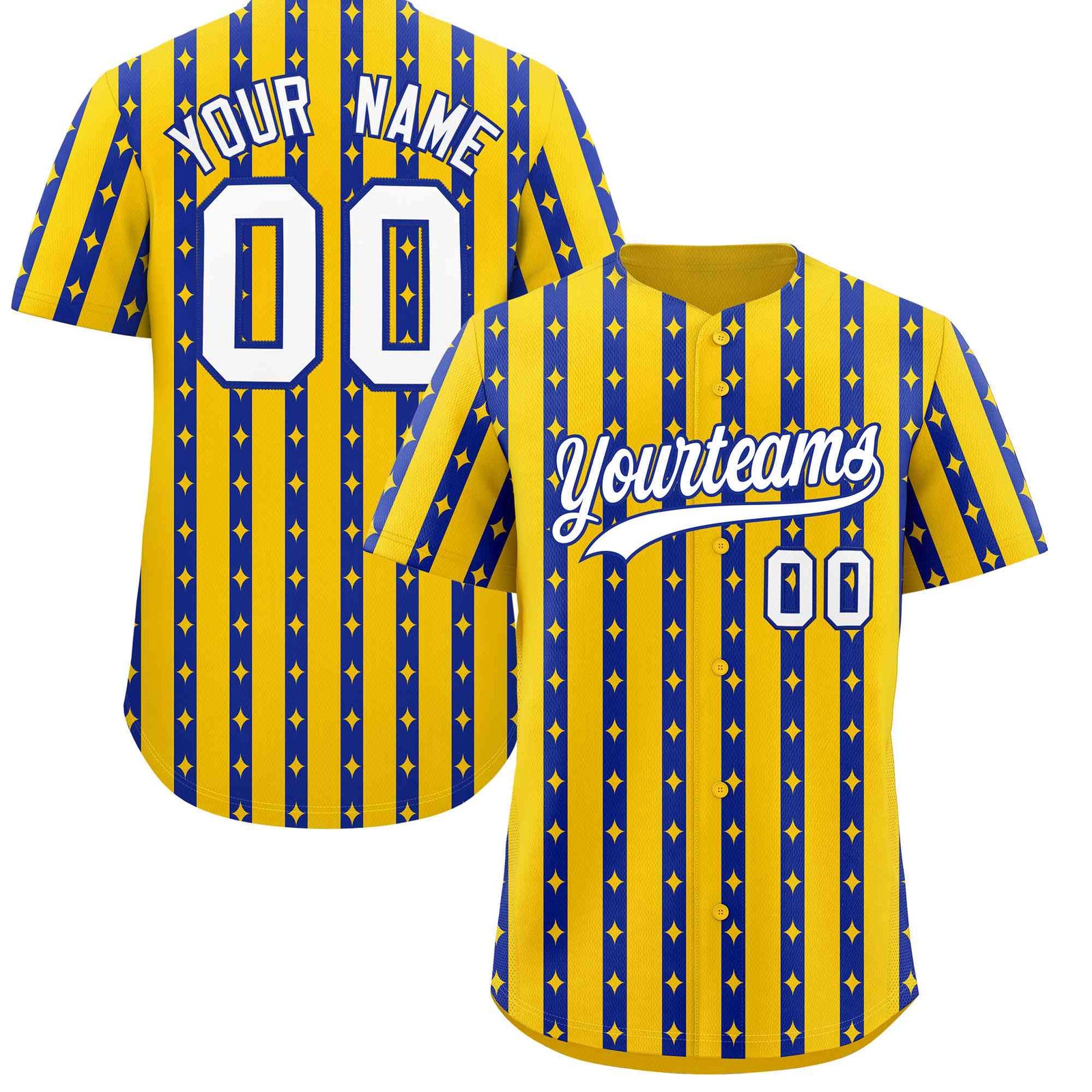 Custom Gold Royal Blue Star Pattern Thick Stripes Baseball Jersey