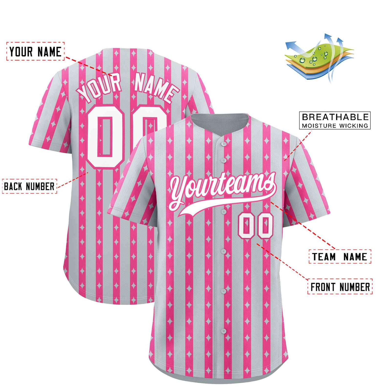Custom Silver Pink Star Pattern Thick Stripes Baseball Jersey