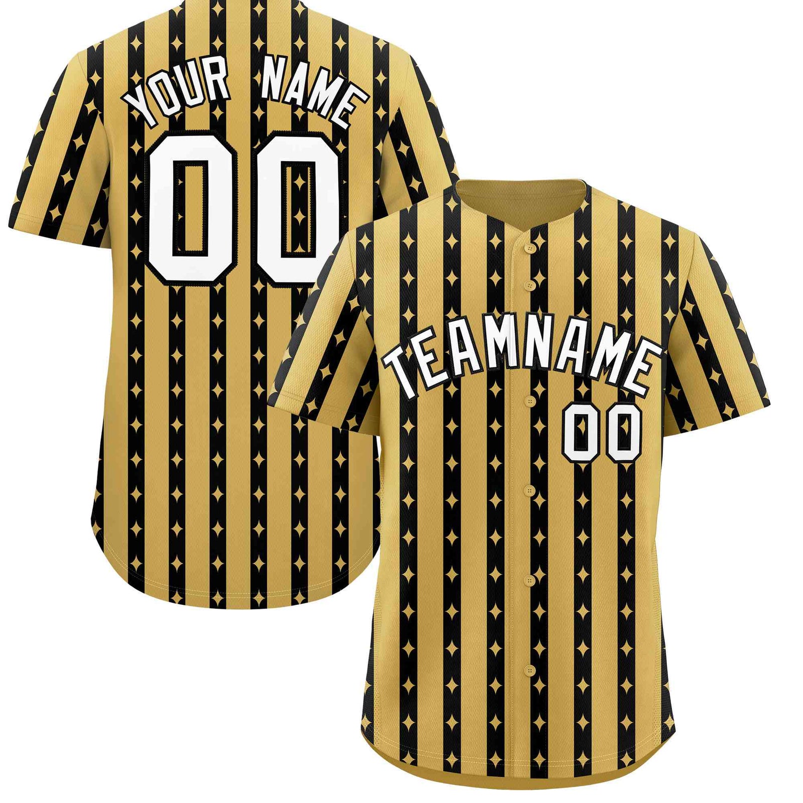 Custom Old Gold Black Star Pattern Thick Stripes Baseball Jersey