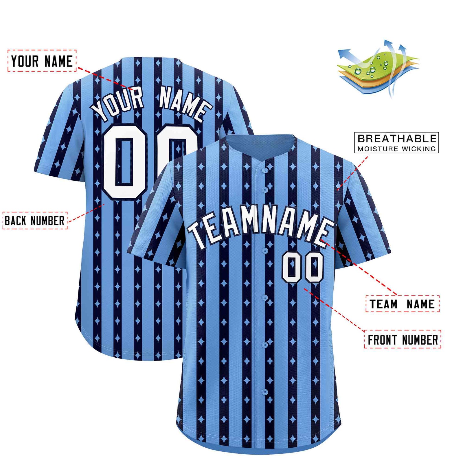 Custom Light Blue Navy Star Pattern Thick Stripes Baseball Jersey