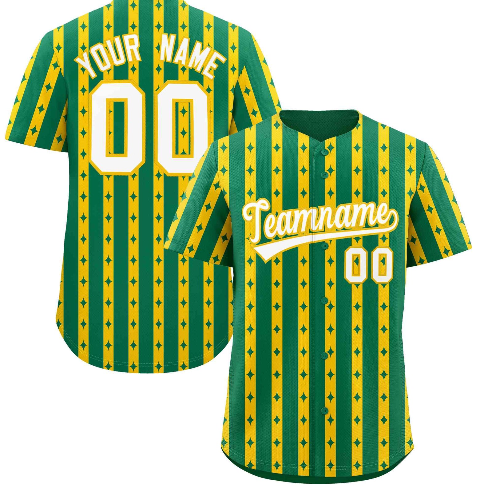 Custom Kelly Green Gold Star Pattern Thick Stripes Baseball Jersey| KXKSHOP