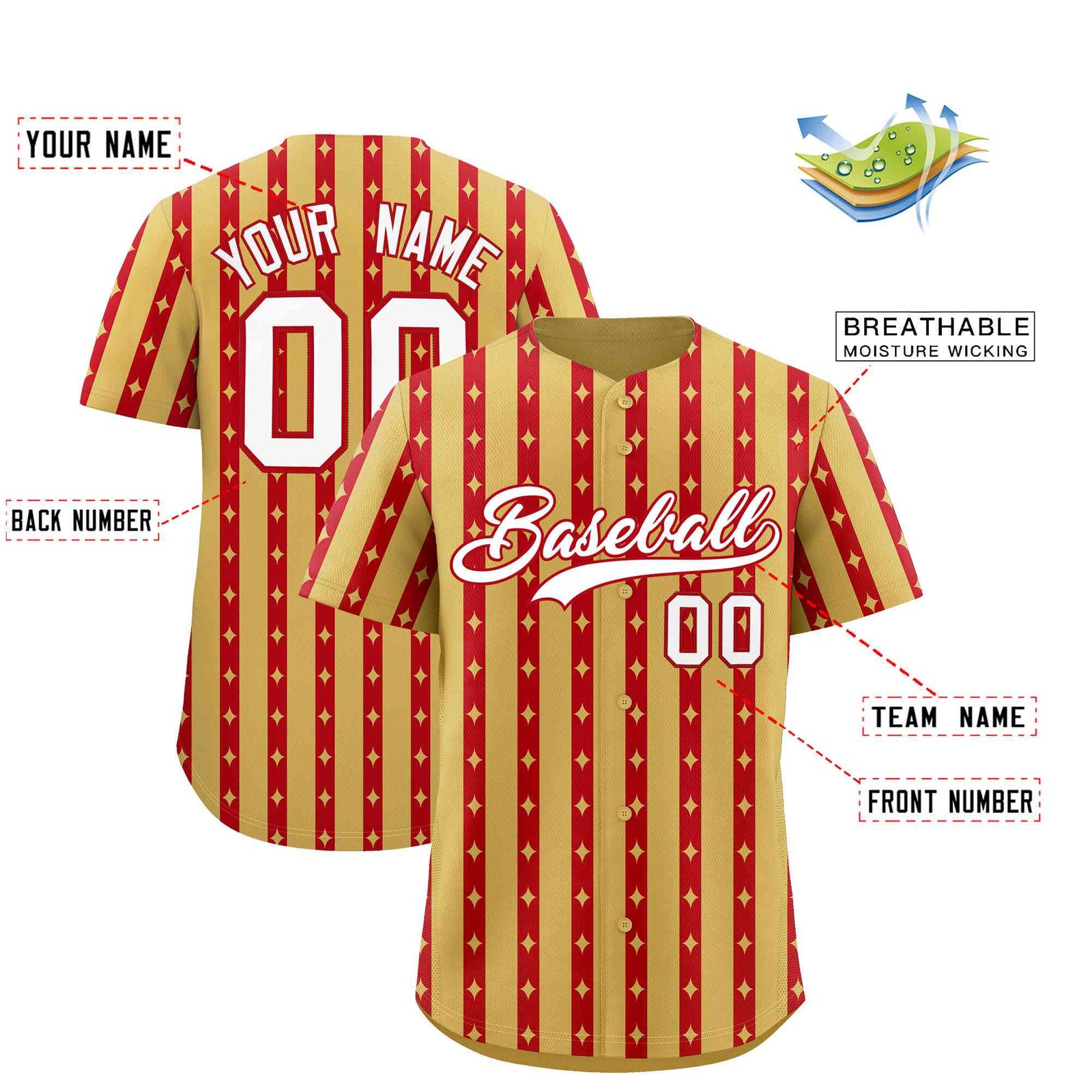Custom Old Gold Red Star Pattern Thick Stripes Baseball Jersey