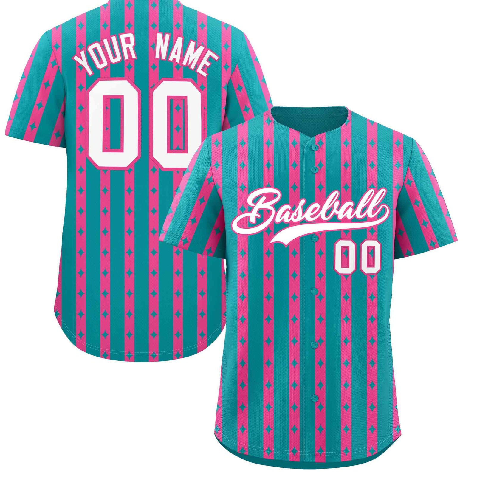 Custom Aqua Pink Star Pattern Thick Stripes Baseball Jersey