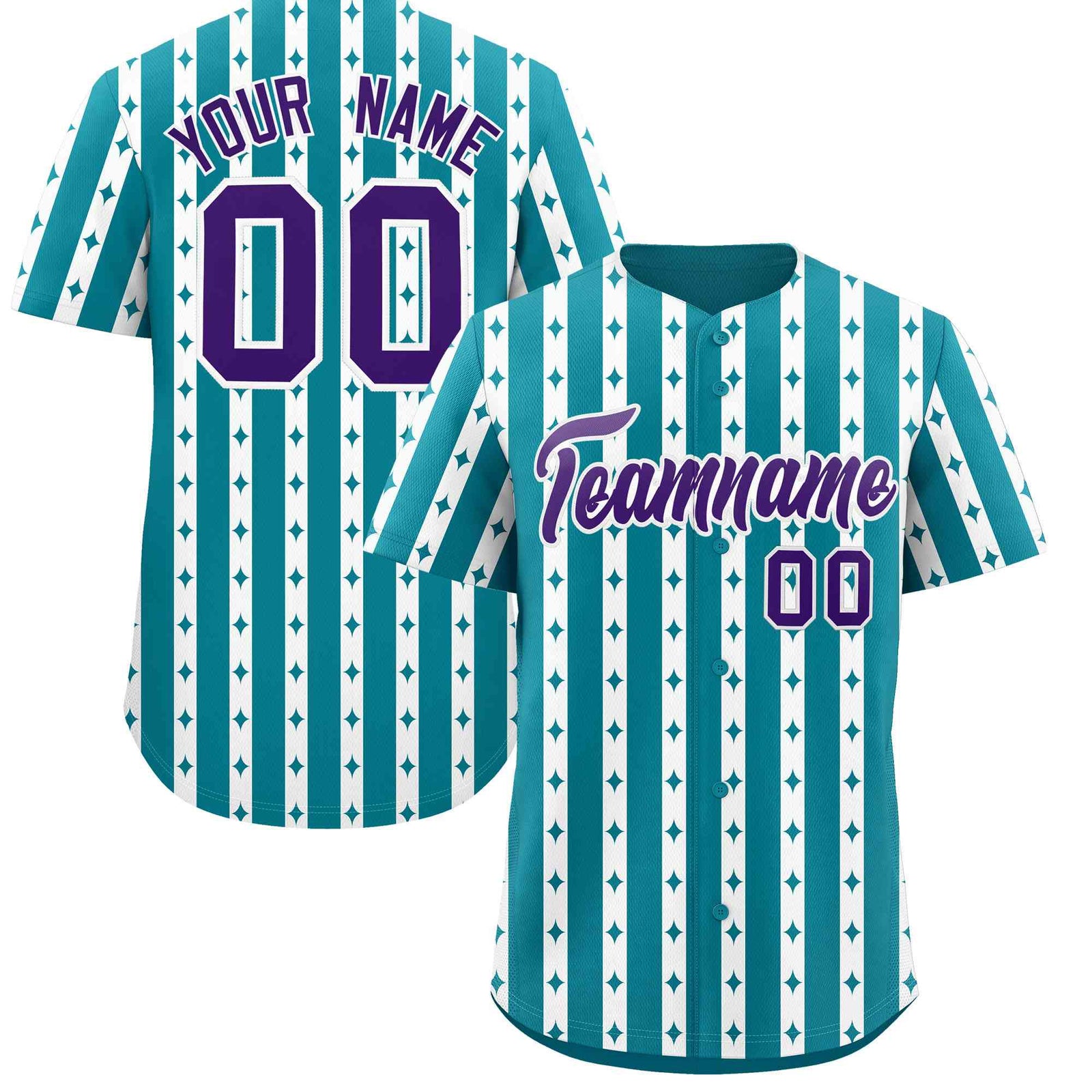 Custom Teal White Star Pattern Thick Stripes Baseball Jersey