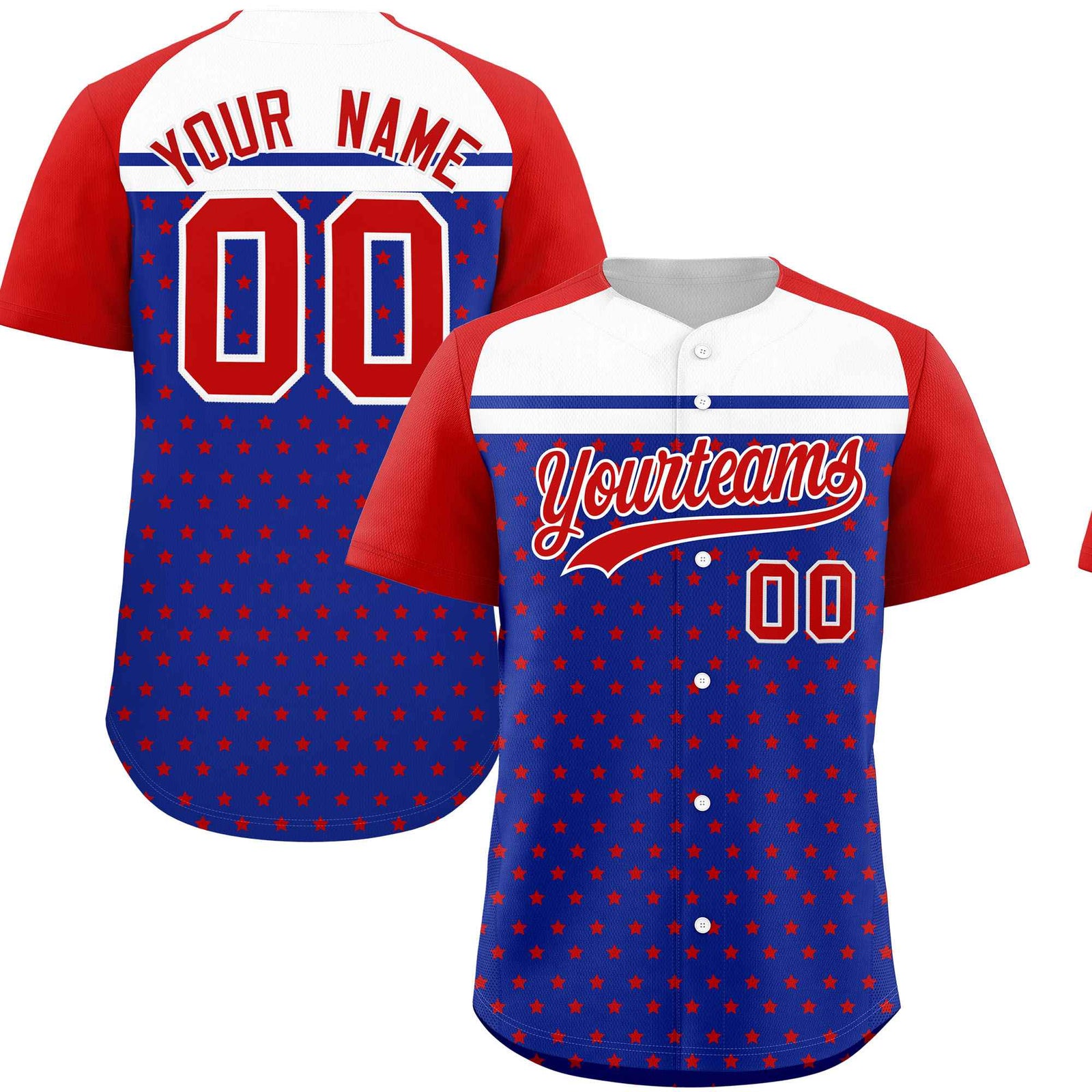 Custom Royal Red-White Raglan Sleeve Personalized Star Print Authentic Baseball Jersey