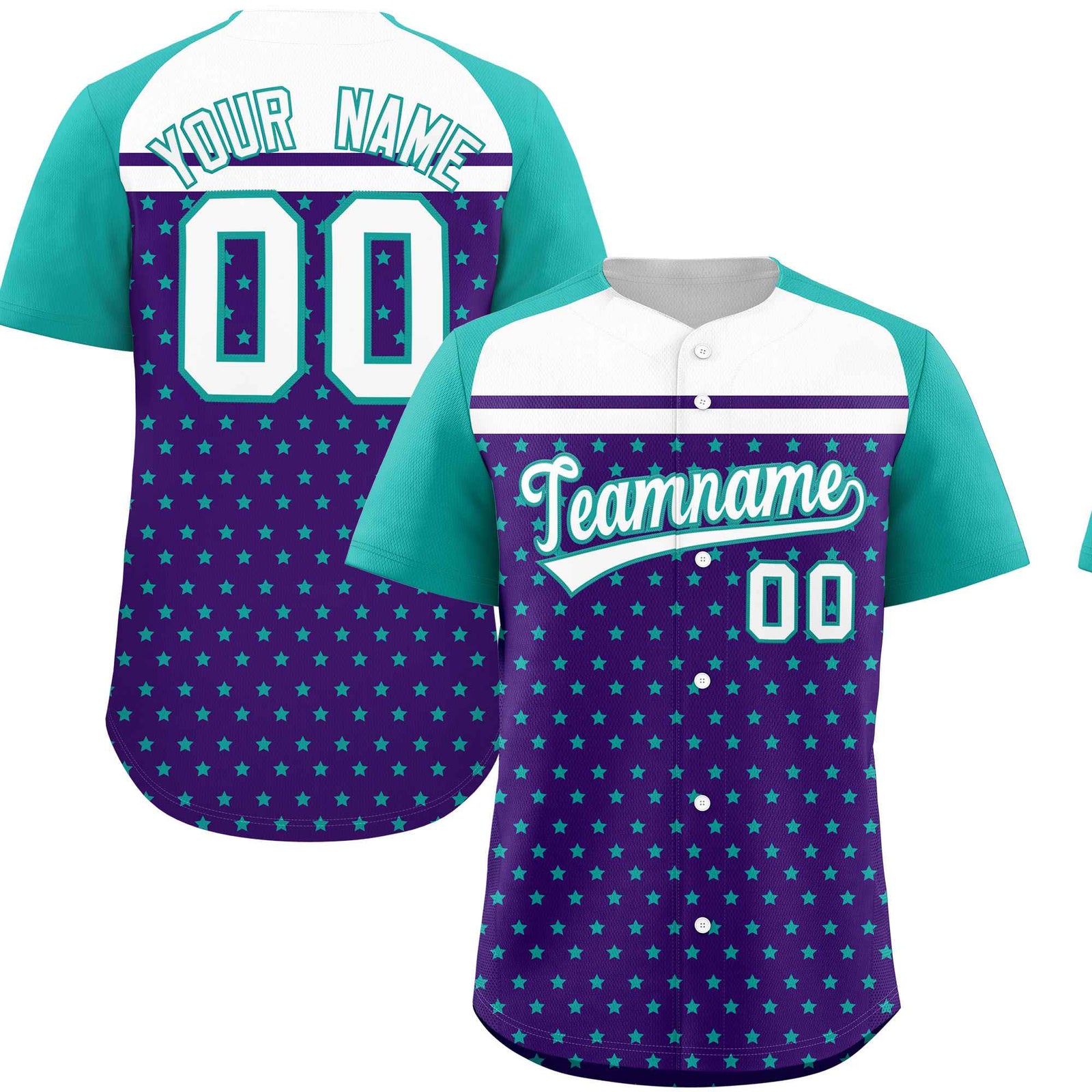 Custom Purple Aqua-White Raglan Sleeve Personalized Star Print Authentic Baseball Jersey