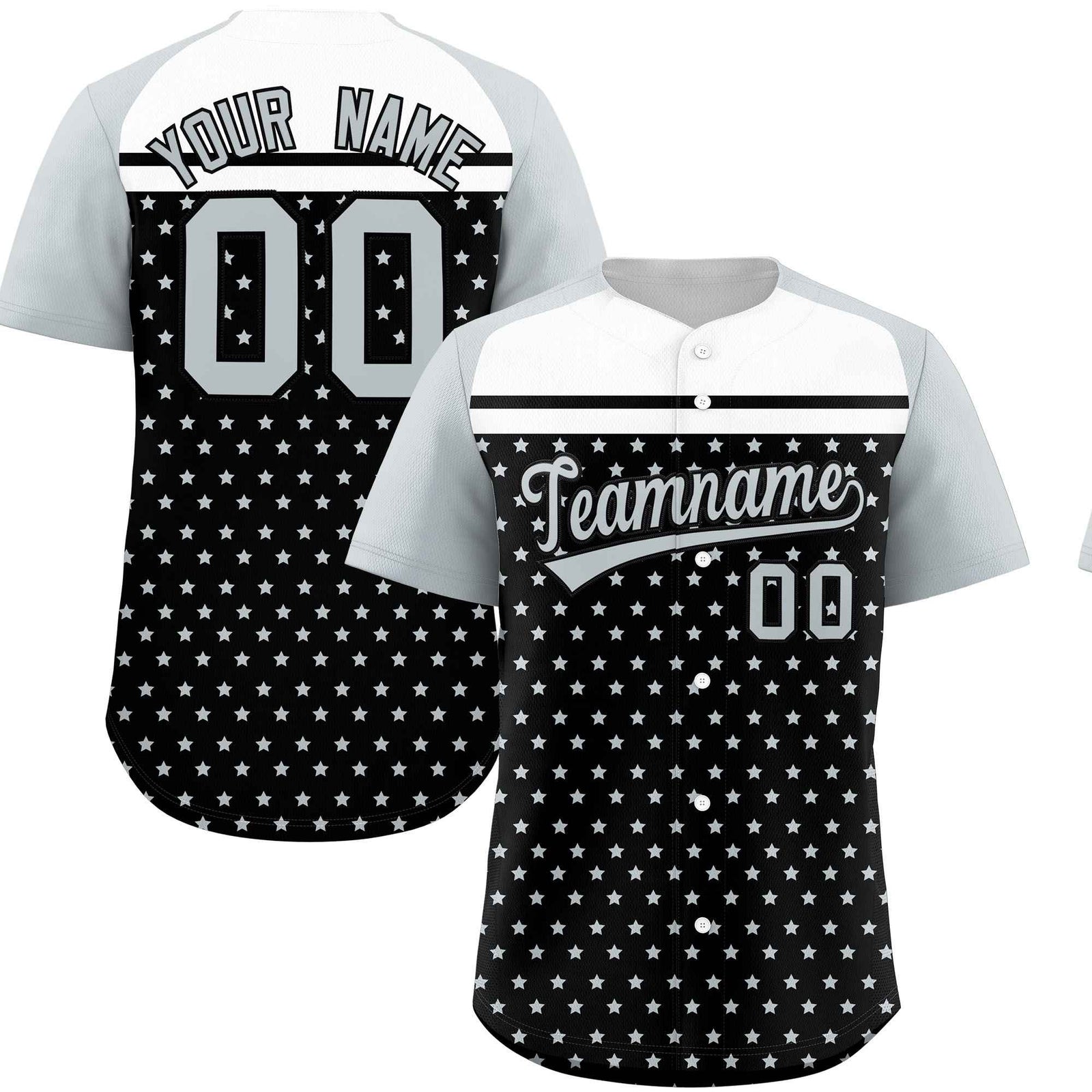 Custom Black Silver-White Raglan Sleeve Personalized Star Print Authentic Baseball Jersey