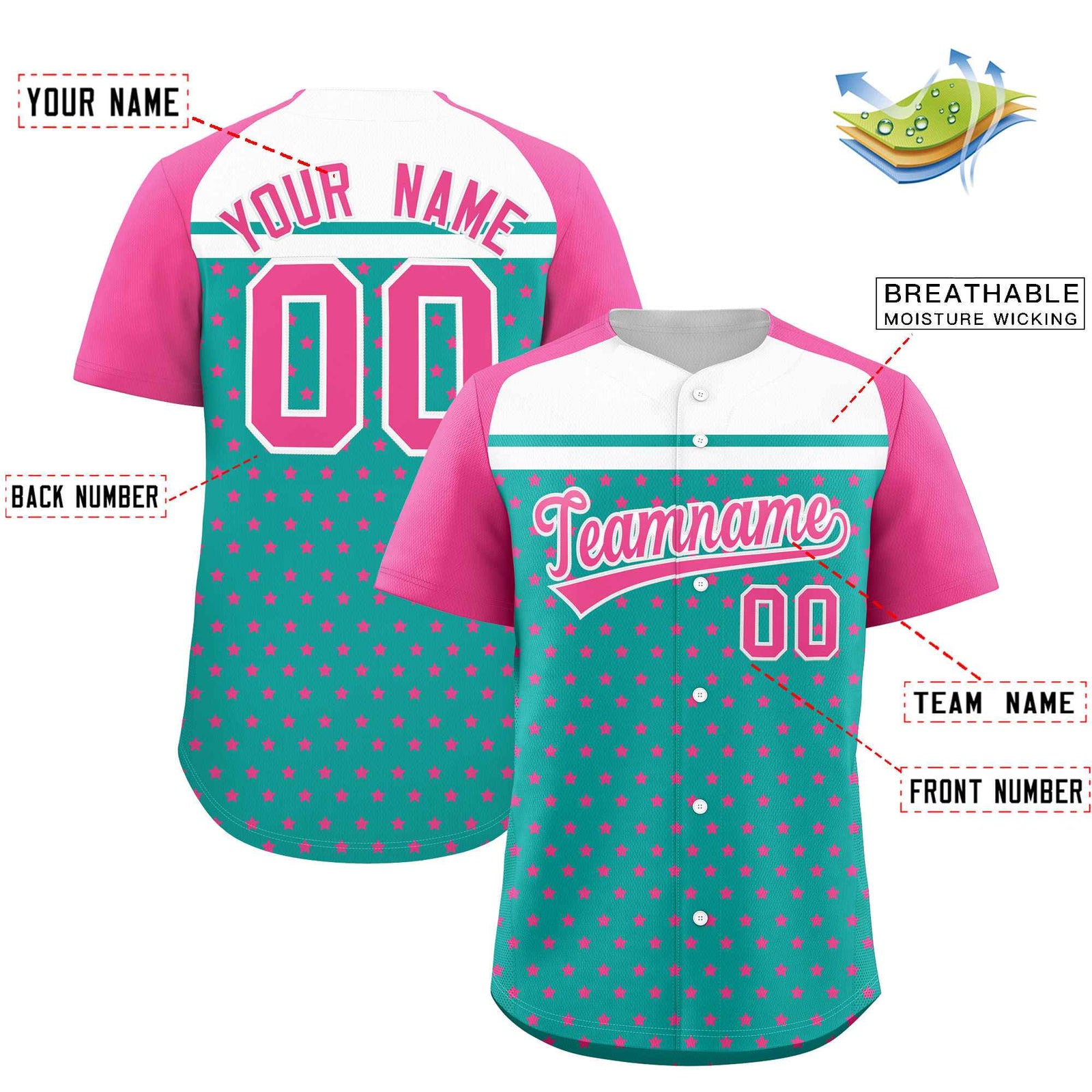 Custom Aqua Pink-White Raglan Sleeve Personalized Star Print Authentic Baseball Jersey