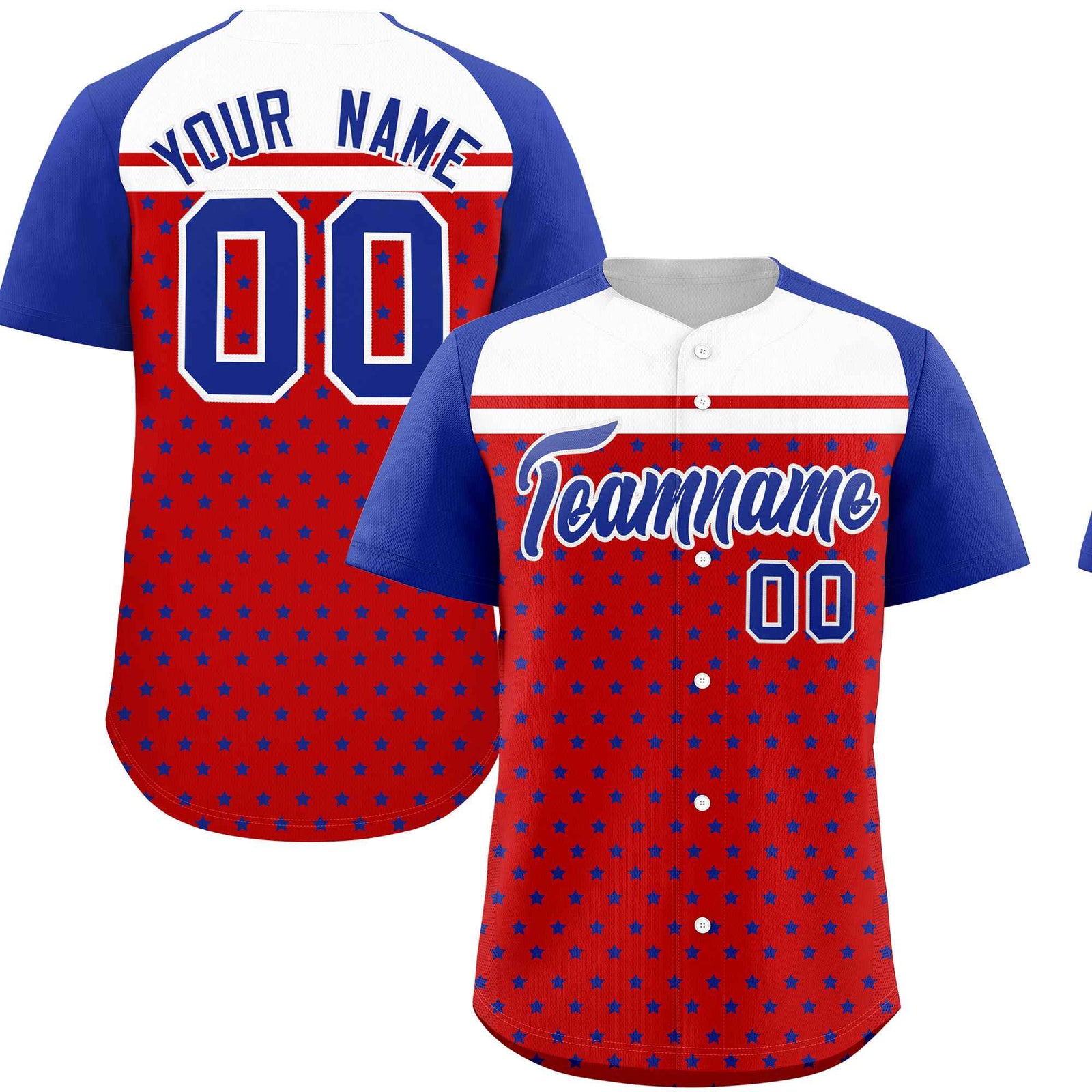 Custom Red Royal-White Raglan Sleeve Personalized Star Print Authentic Baseball Jersey