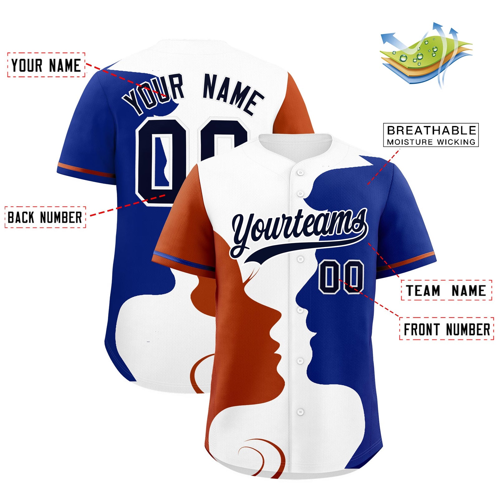 Custom Royal Dark Orange White Silhouettes of Loving Couple Valentine's Day Baseball Jersey| KXKSHOP