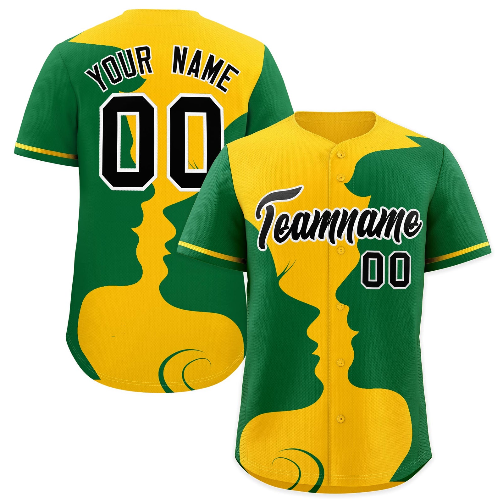 Custom Gold Kelly Green Silhouettes of Loving Couple Valentine's Day Baseball Jersey| KXKSHOP