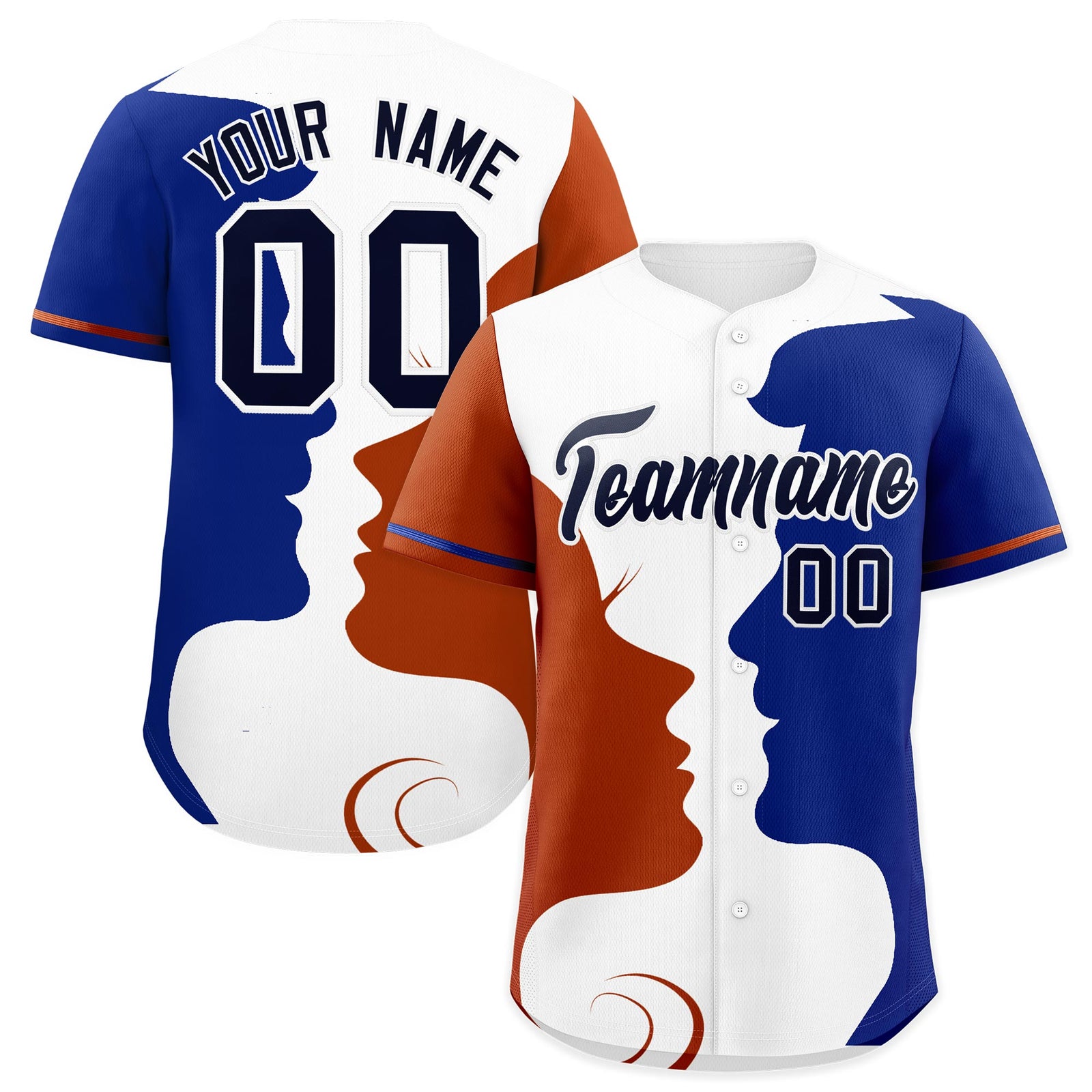 Custom Royal Dark Orange White Silhouettes of Loving Couple Valentine's Day Baseball Jersey| KXKSHOP