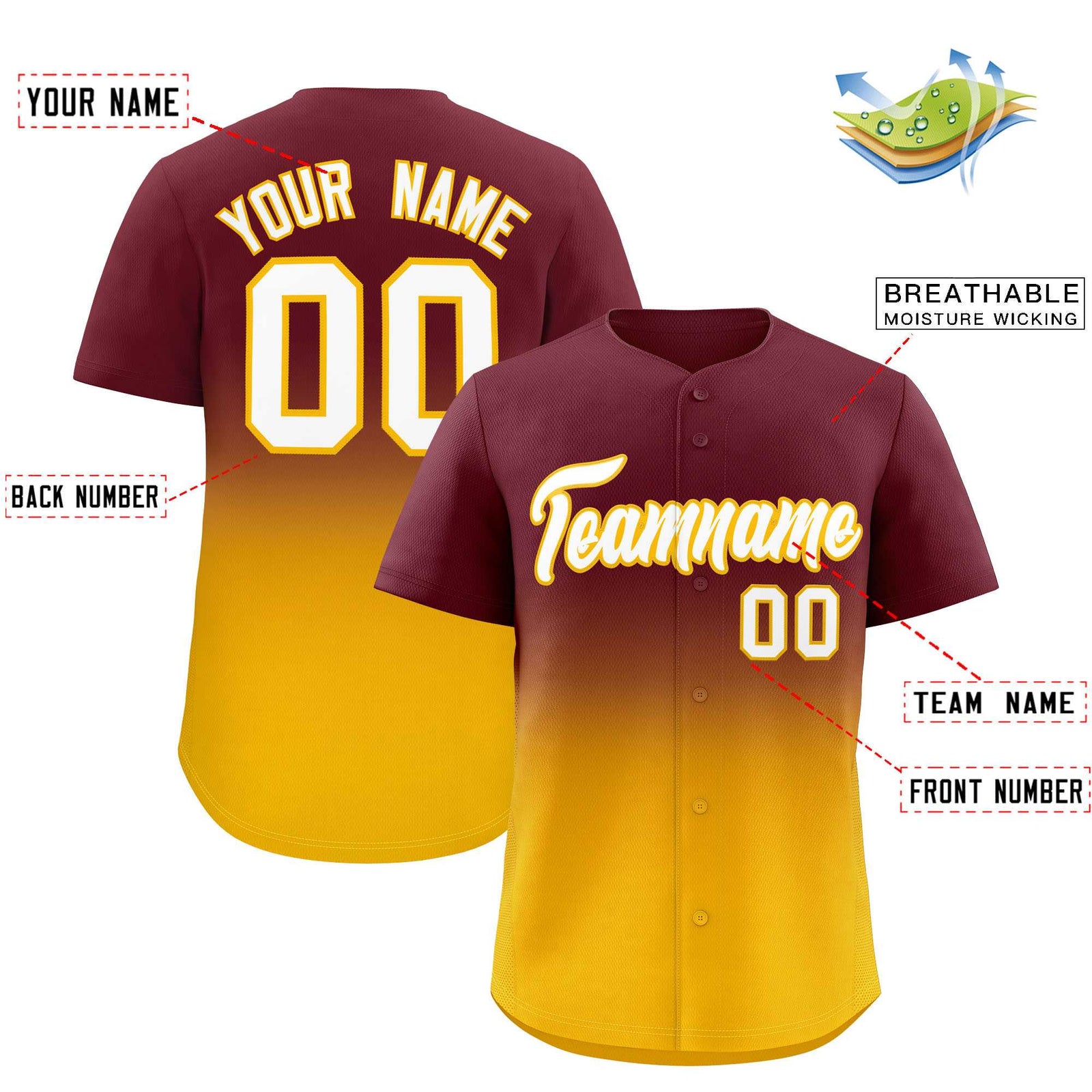 Custom Maroon Yellow Gradient Fashion Authentic Baseball Jersey