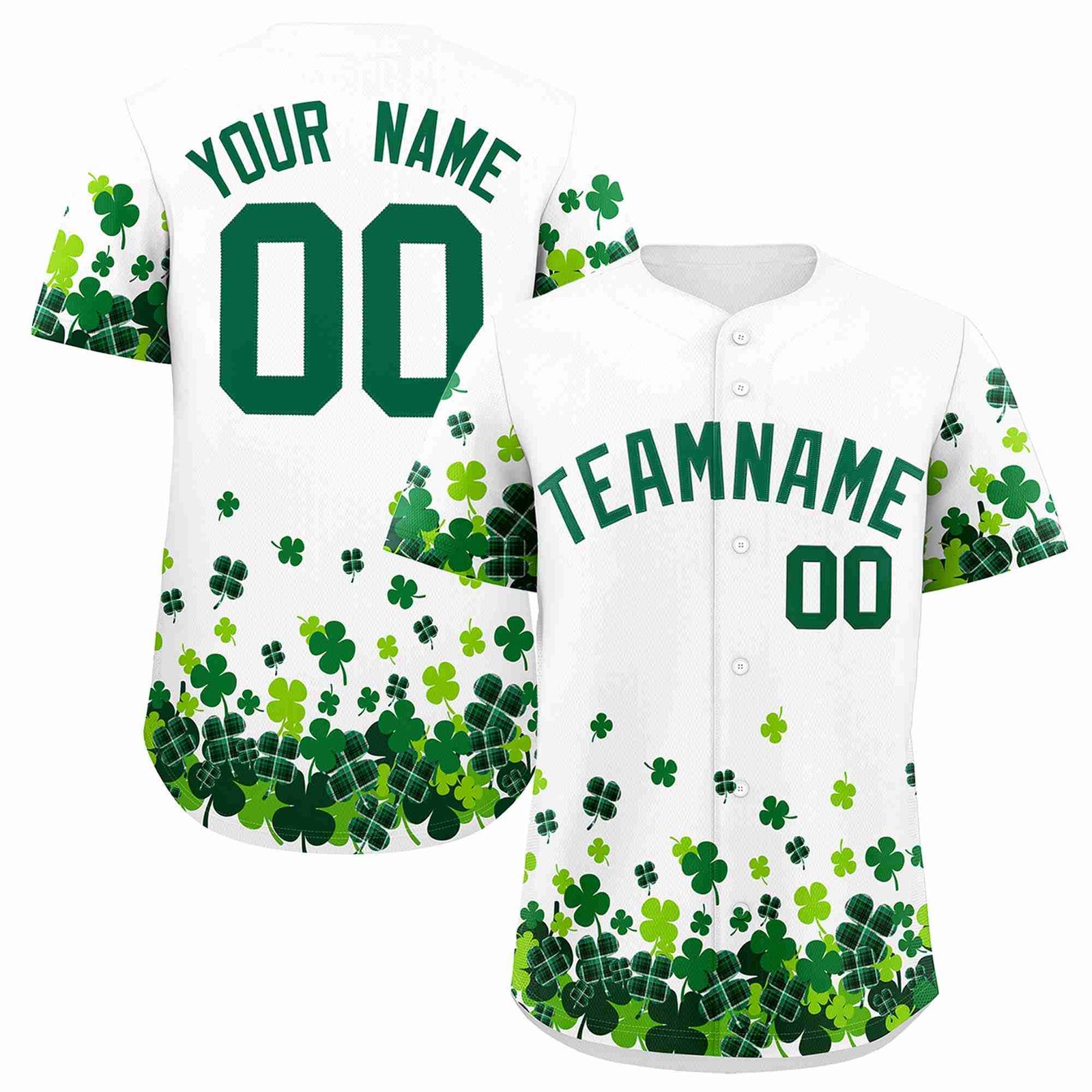 Custom White Green St.Patrick's Day Personalized Four Leaf Clover Pattern Baseball Jersey