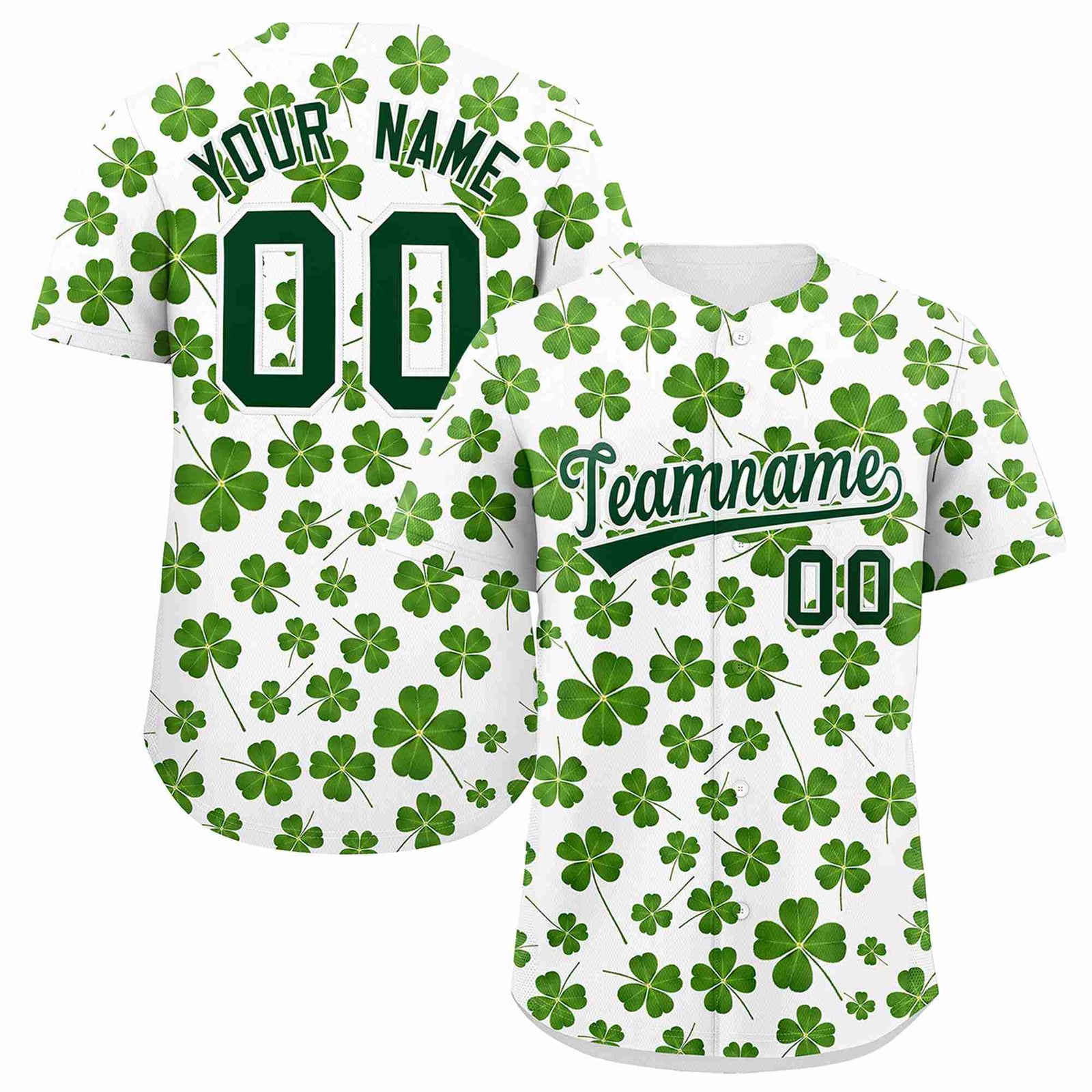 Custom White Green St.Patrick's Day Personalized Four Leaf Clover Pattern Baseball Jersey| KXKSHOP