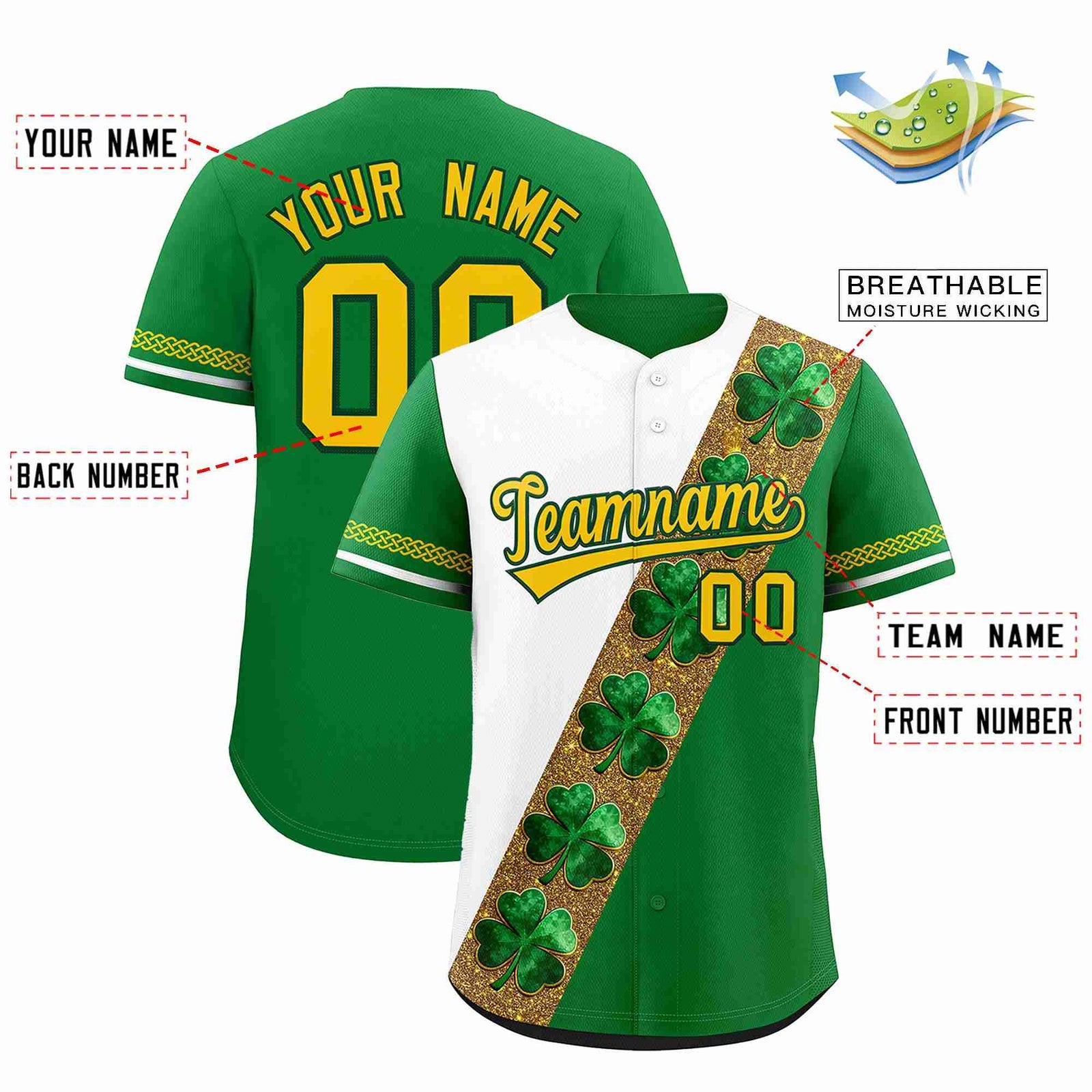 Custom White Kelly Green St.Patrick's Day Personalized Four Leaf Clover Pattern Baseball Jersey| KXKSHOP