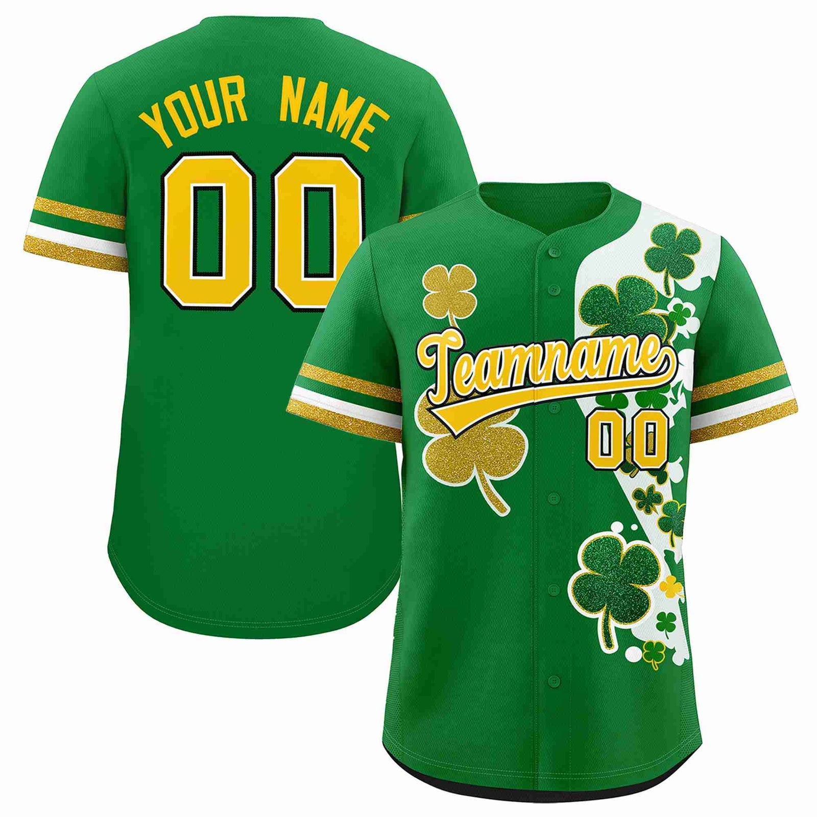 Custom Kelly Green Gold St.Patrick's Day Personalized Four Leaf Clover Pattern Baseball Jersey| KXKSHOP