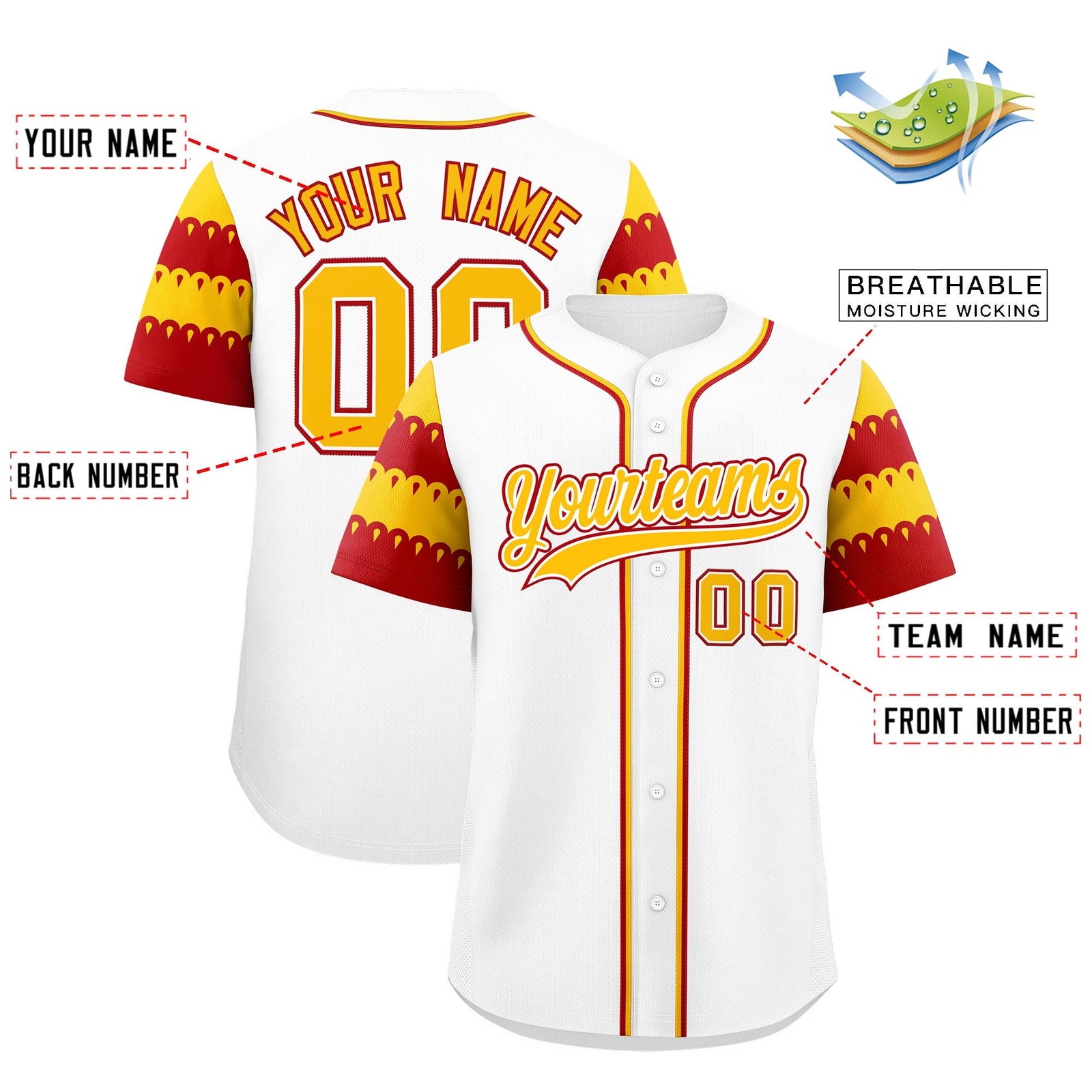Custom White Red Gold Sleeve Flag Lace Baseball Jersey | Sublimation Printed & Embroidery,Add Name and Numbern,Perfect for Teams | KXKSHOP