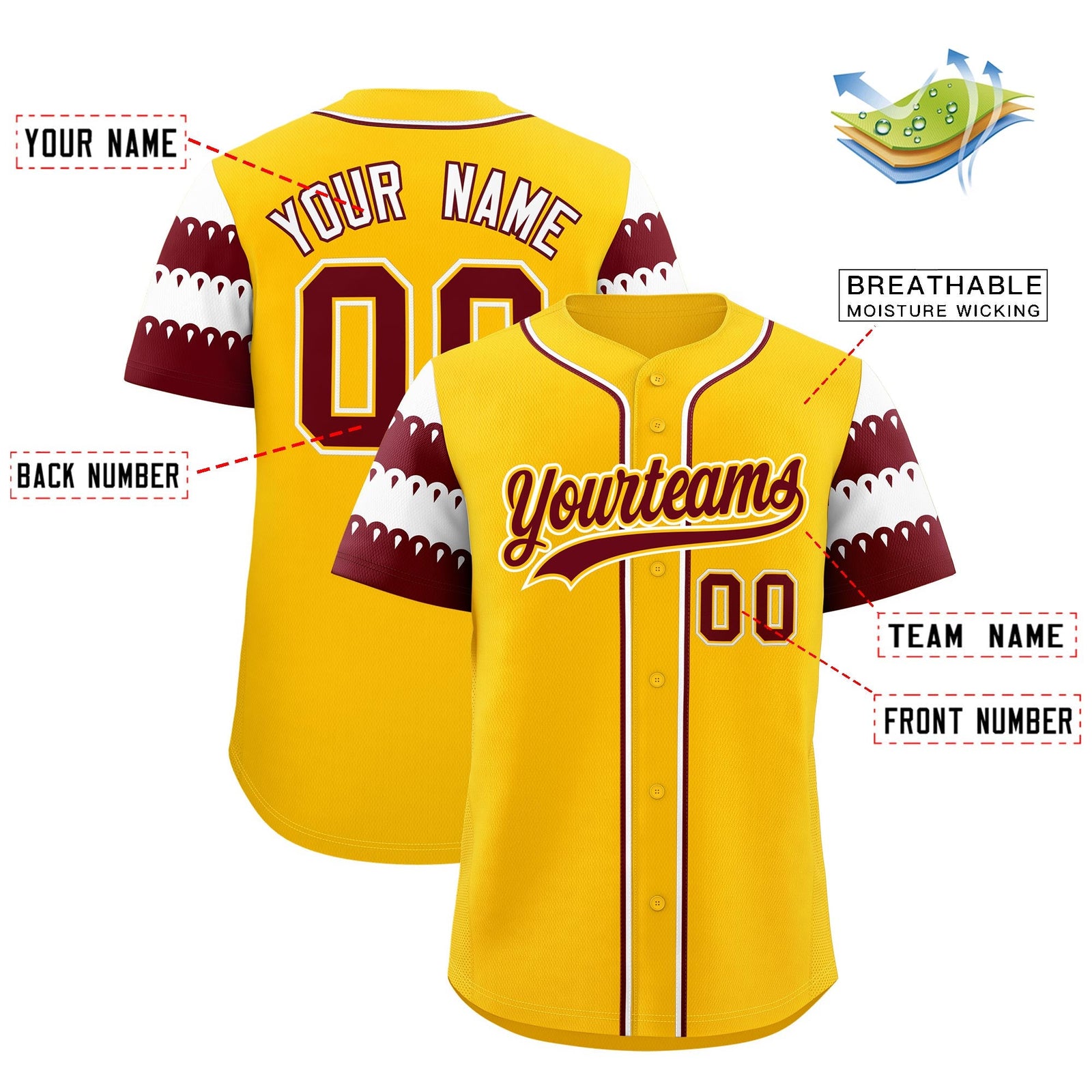 Custom Gold Maroon White Sleeve Flag Lace Baseball Jersey | Sublimation Printed & Embroidery,Add Name and Numbern,Perfect for Teams | KXKSHOP