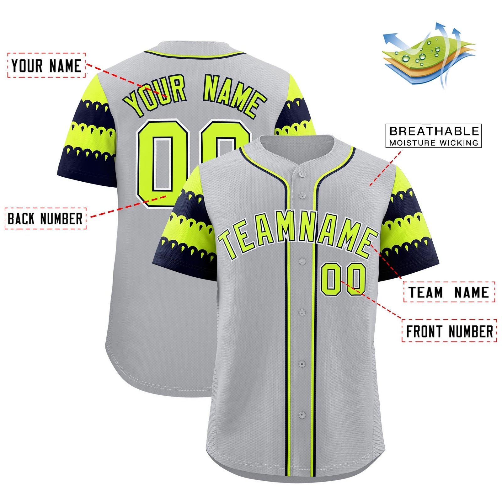 Custom Gray Navy Fluorescent Green Sleeve Flag Lace Baseball Jersey | Sublimation Printed & Embroidery,Add Name and Numbern,Perfect for Teams | KXKSHOP