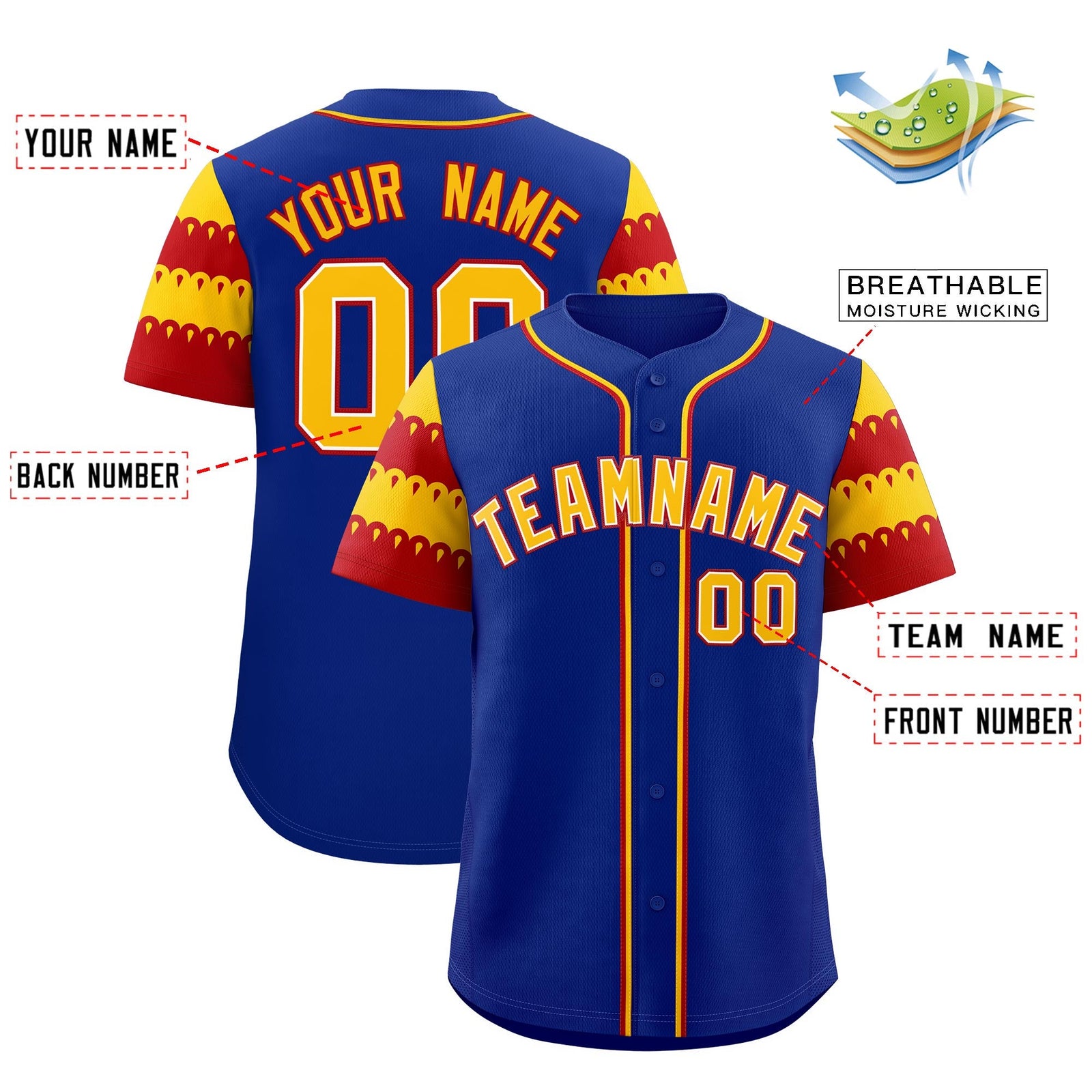 Custom Royal Gold Red Sleeve Flag Lace Baseball Jersey | Sublimation Printed & Embroidery,Add Name and Numbern,Perfect for Teams | KXKSHOP
