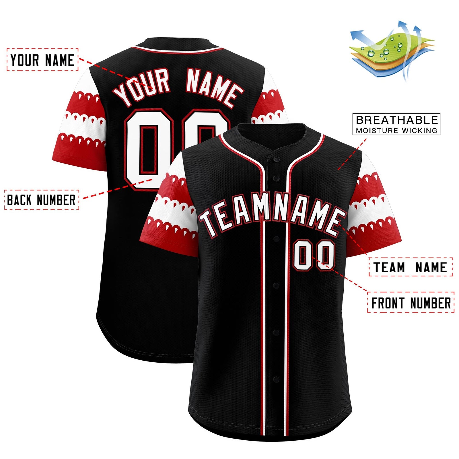 Custom Black Red White Sleeve Flag Lace Baseball Jersey | Sublimation Printed & Embroidery,Add Name and Numbern,Perfect for Teams | KXKSHOP