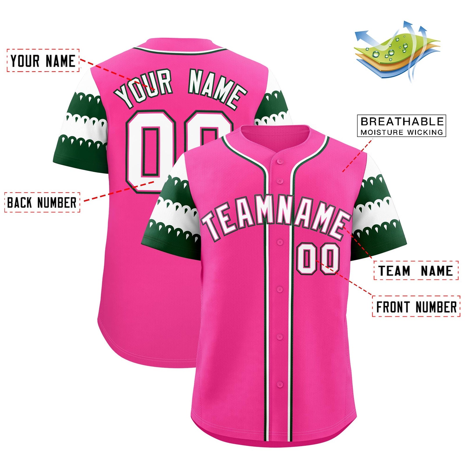 Custom Pink Green White Sleeve Flag Lace Baseball Jersey | Sublimation Printed & Embroidery,Add Name and Numbern,Perfect for Teams | KXKSHOP