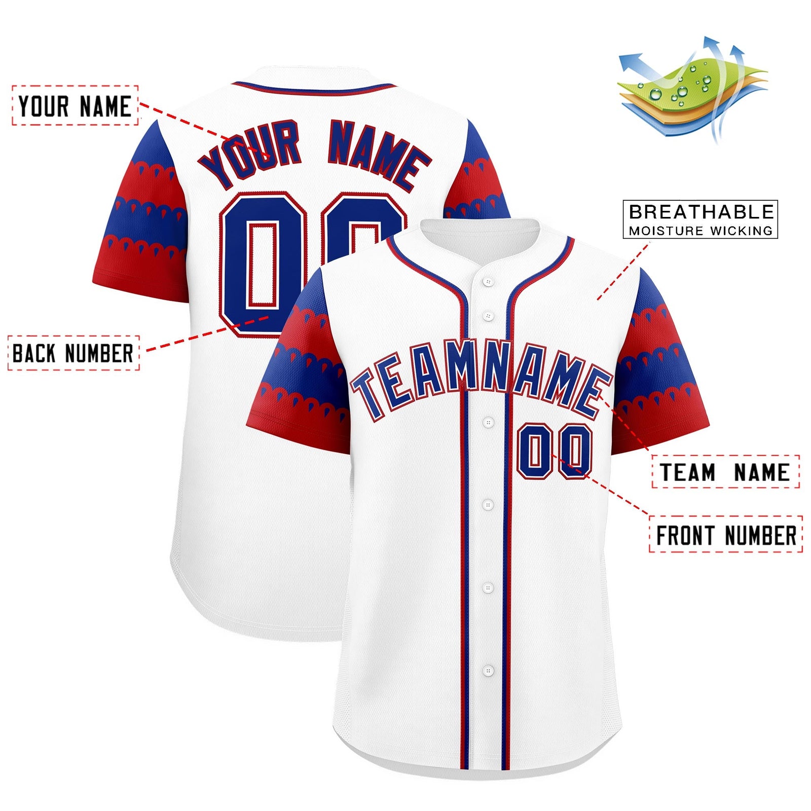 Custom White Red Royal Sleeve Flag Lace Baseball Jersey | Sublimation Printed & Embroidery,Add Name and Numbern,Perfect for Teams | KXKSHOP