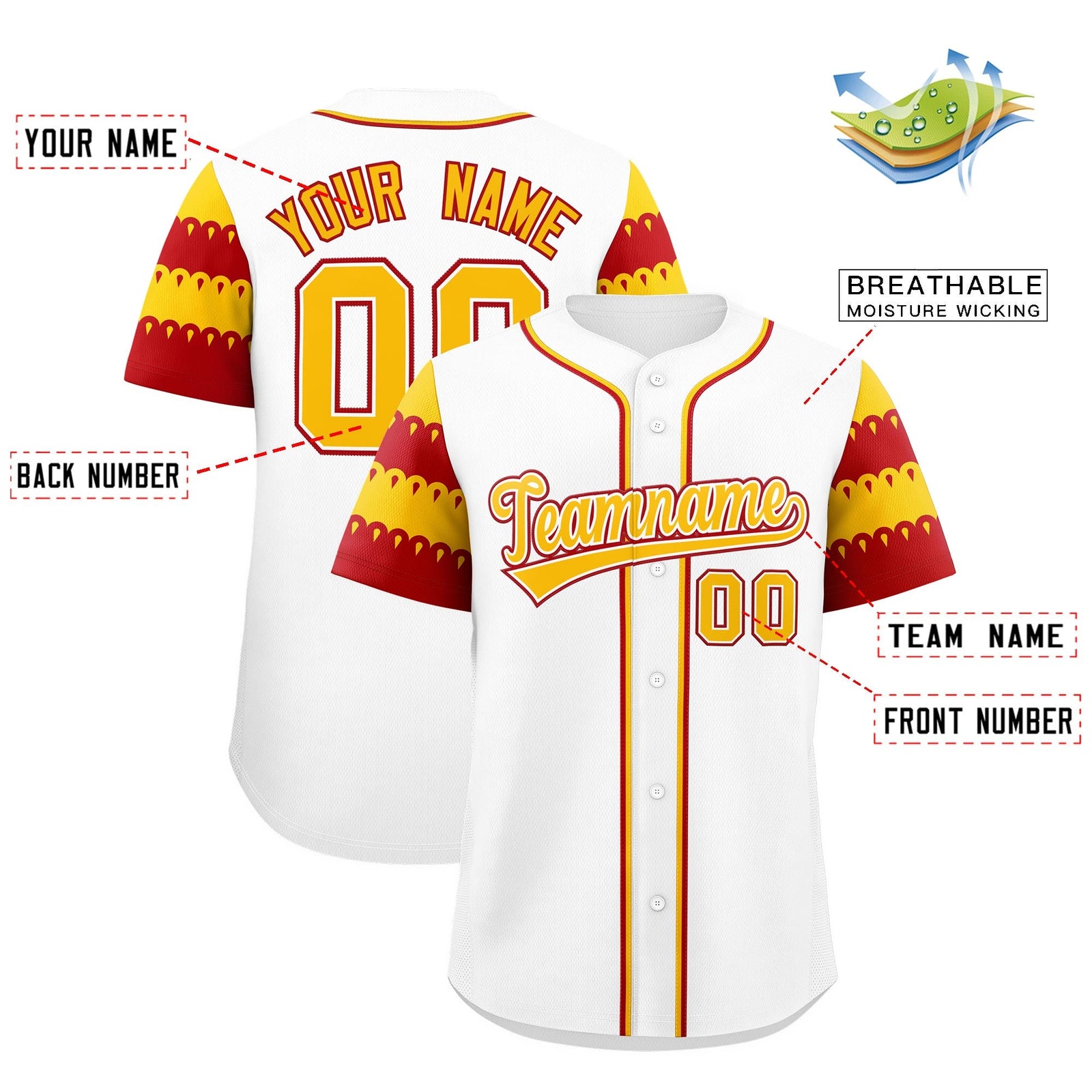 Custom White Red Gold Sleeve Flag Lace Baseball Jersey | Sublimation Printed & Embroidery,Add Name and Numbern,Perfect for Teams | KXKSHOP