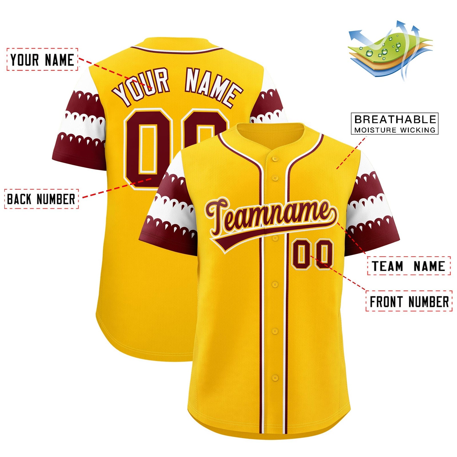 Custom Gold Maroon White Sleeve Flag Lace Baseball Jersey | Sublimation Printed & Embroidery,Add Name and Numbern,Perfect for Teams | KXKSHOP