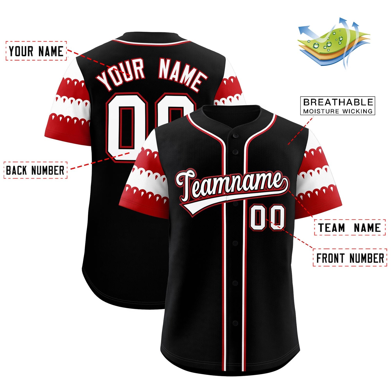 Custom Black Red White Sleeve Flag Lace Baseball Jersey | Sublimation Printed & Embroidery,Add Name and Numbern,Perfect for Teams | KXKSHOP