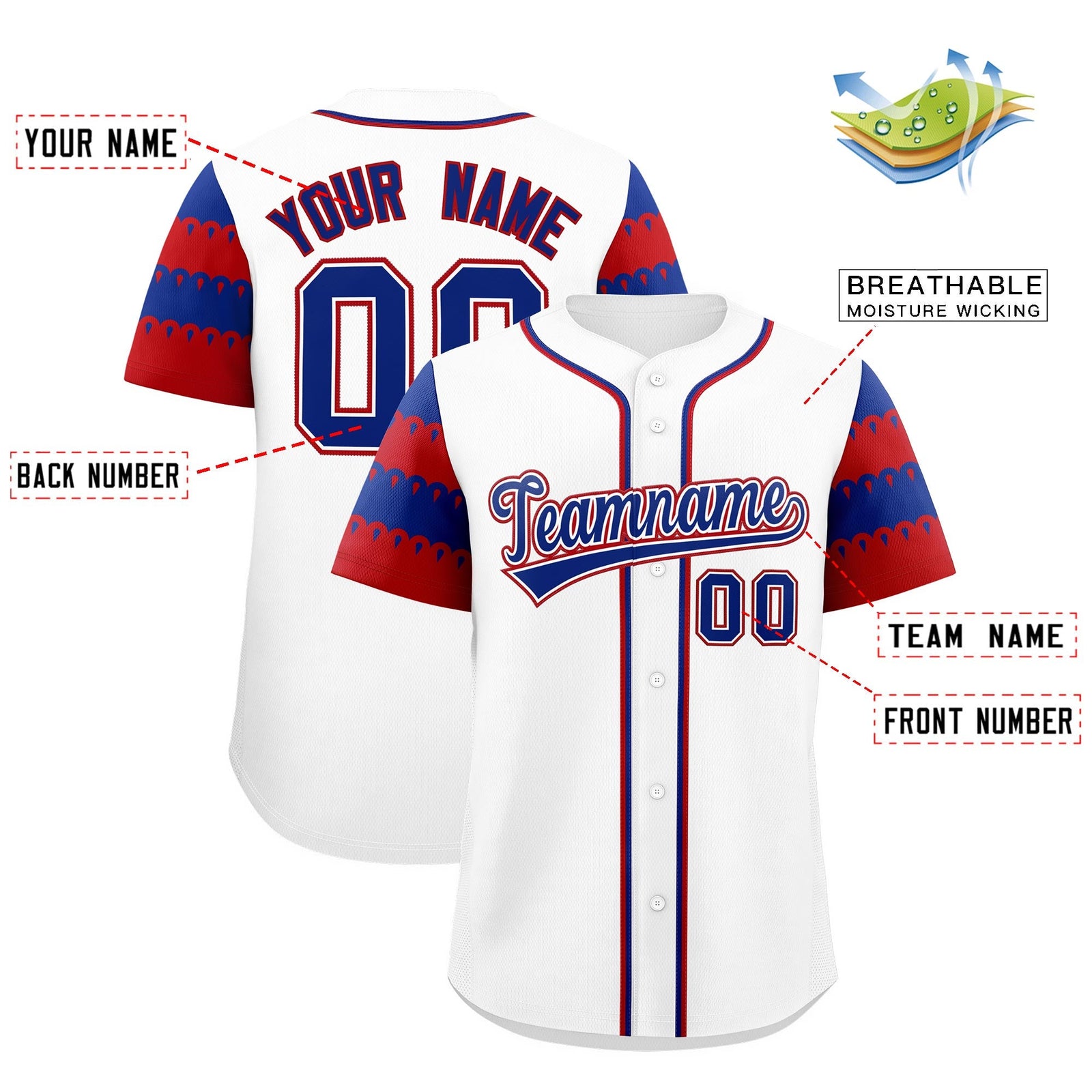 Custom White Red Royal Sleeve Flag Lace Baseball Jersey | Sublimation Printed & Embroidery,Add Name and Numbern,Perfect for Teams | KXKSHOP