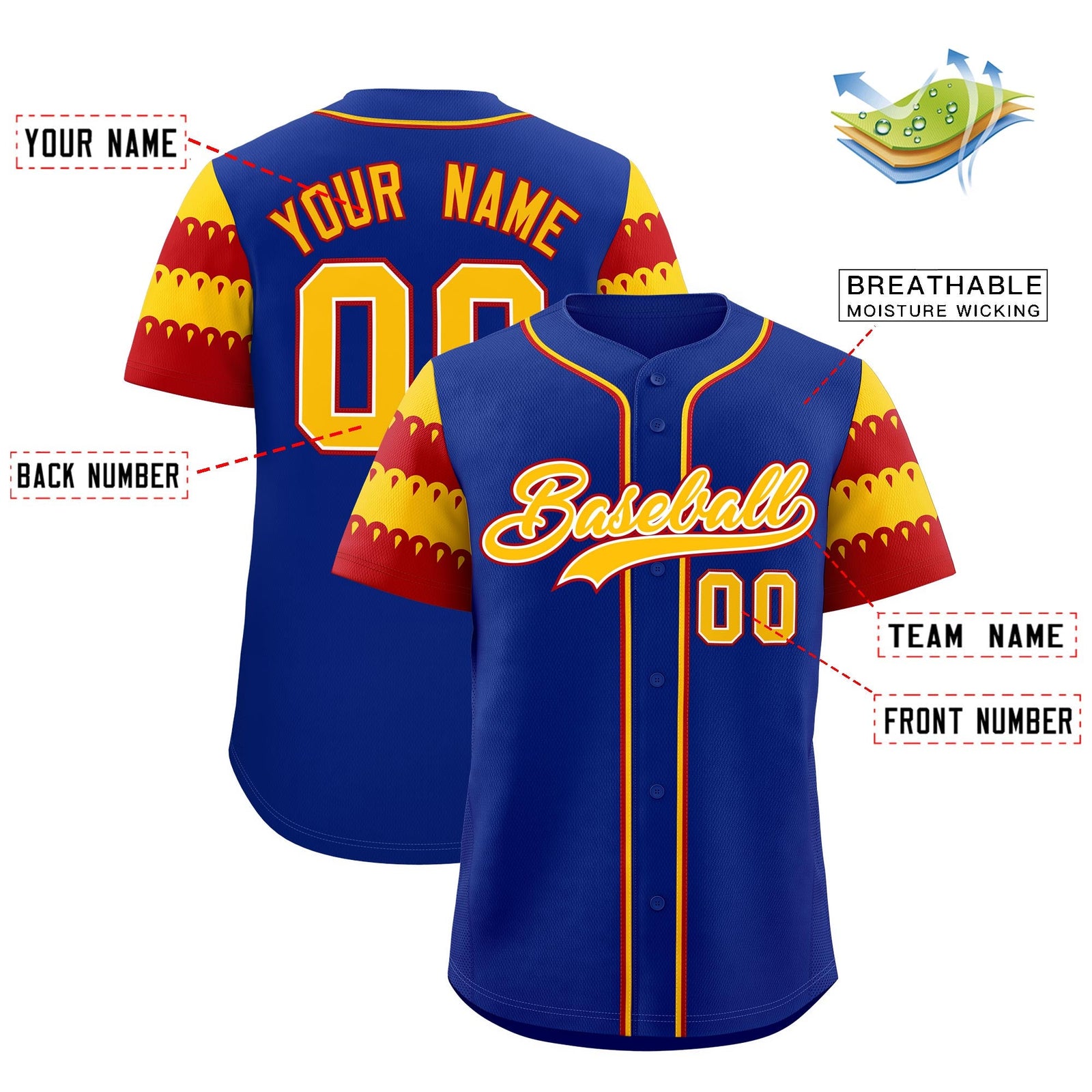 Custom Royal Gold Red Sleeve Flag Lace Baseball Jersey | Sublimation Printed & Embroidery,Add Name and Numbern,Perfect for Teams | KXKSHOP