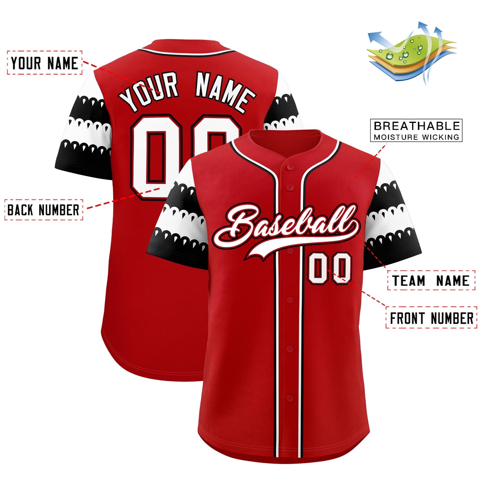 Custom Red White Black Sleeve Flag Lace Baseball Jersey | Sublimation Printed & Embroidery,Add Name and Numbern,Perfect for Teams | KXKSHOP