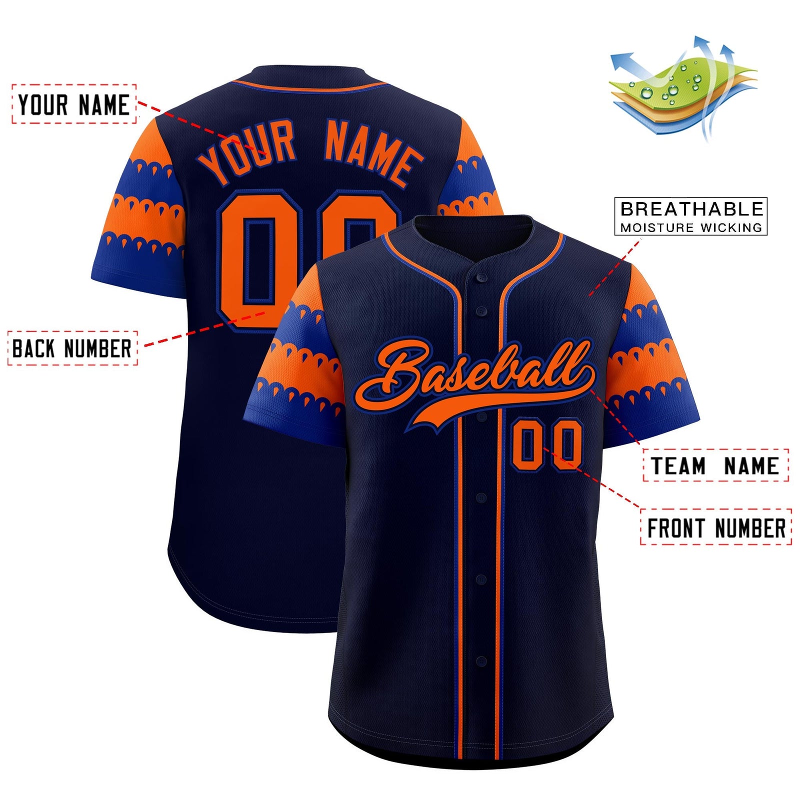 Custom Navy Orange Royal Sleeve Flag Lace Baseball Jersey | Sublimation Printed & Embroidery,Add Name and Numbern,Perfect for Teams | KXKSHOP